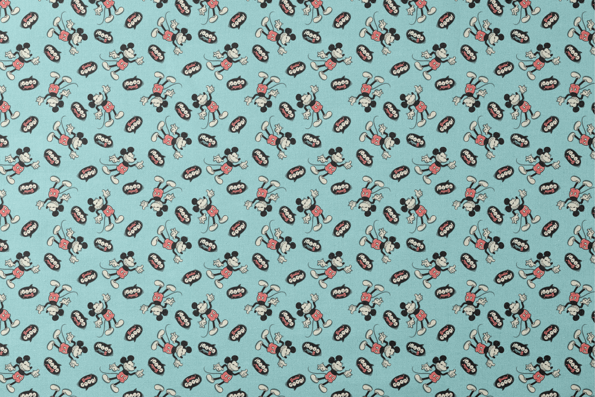 Mickey Mouse pattern on teal background with cartoon characters and "Gosh!" speech bubbles designs flat mockup
