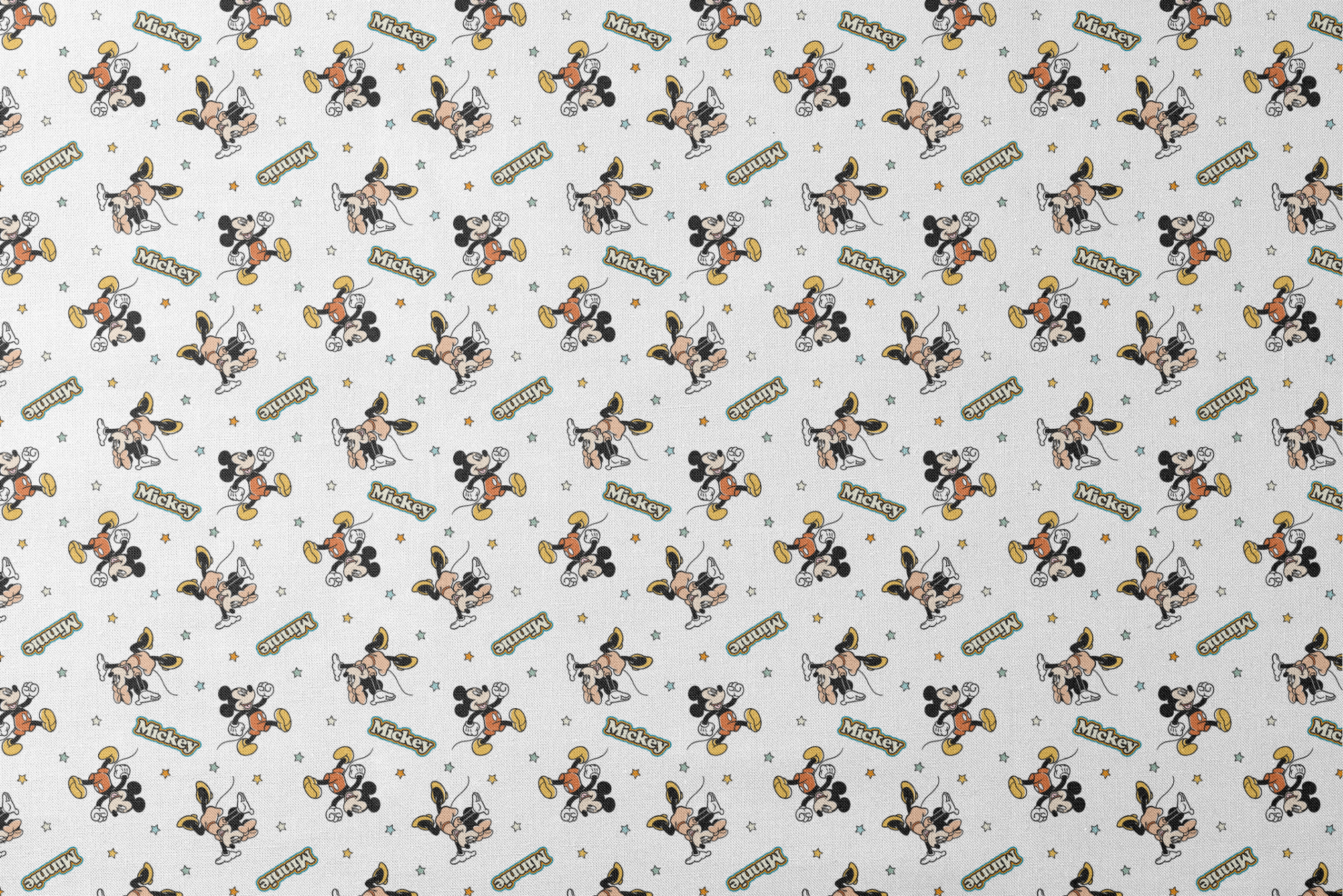 Pattern of cartoon Disney characters including Mickey Mouse and Minnie with yellow stars on white background designs flat mockup