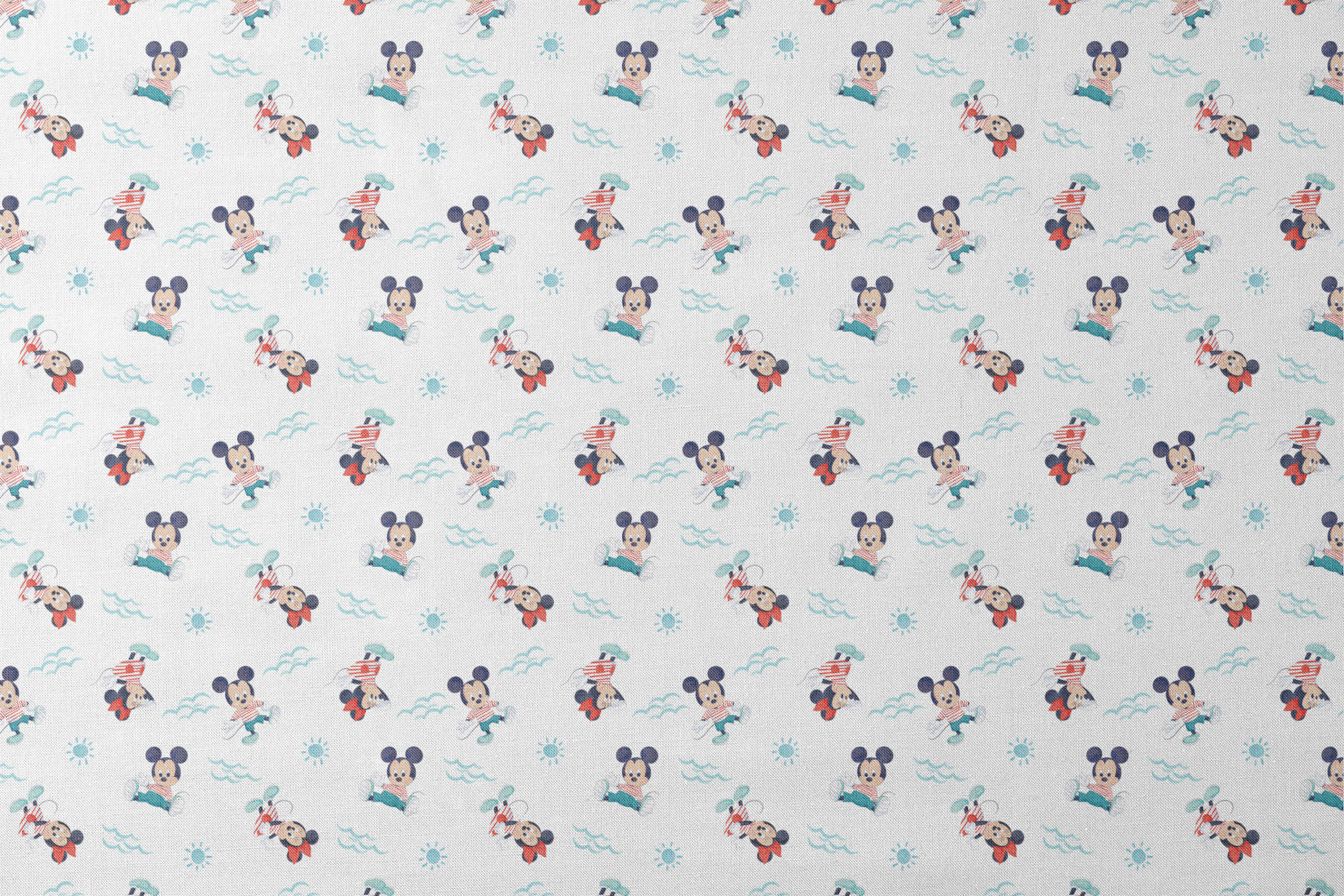 Mickey Mouse pattern with characters in various poses, blue waves and suns on white background, nautical theme designs flat mockup