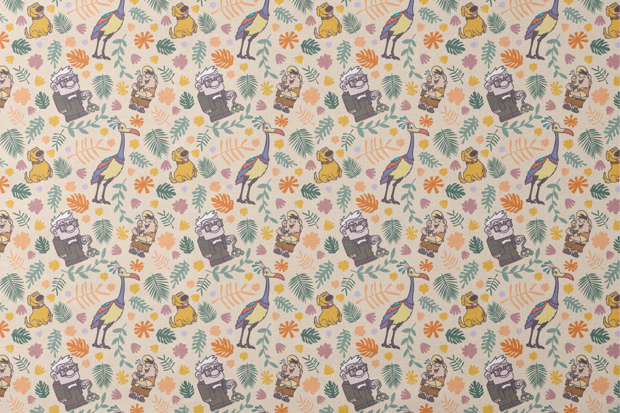 Whimsical cartoon pattern with colorful characters from Pixar's "Up" against floral background designs flat mockup