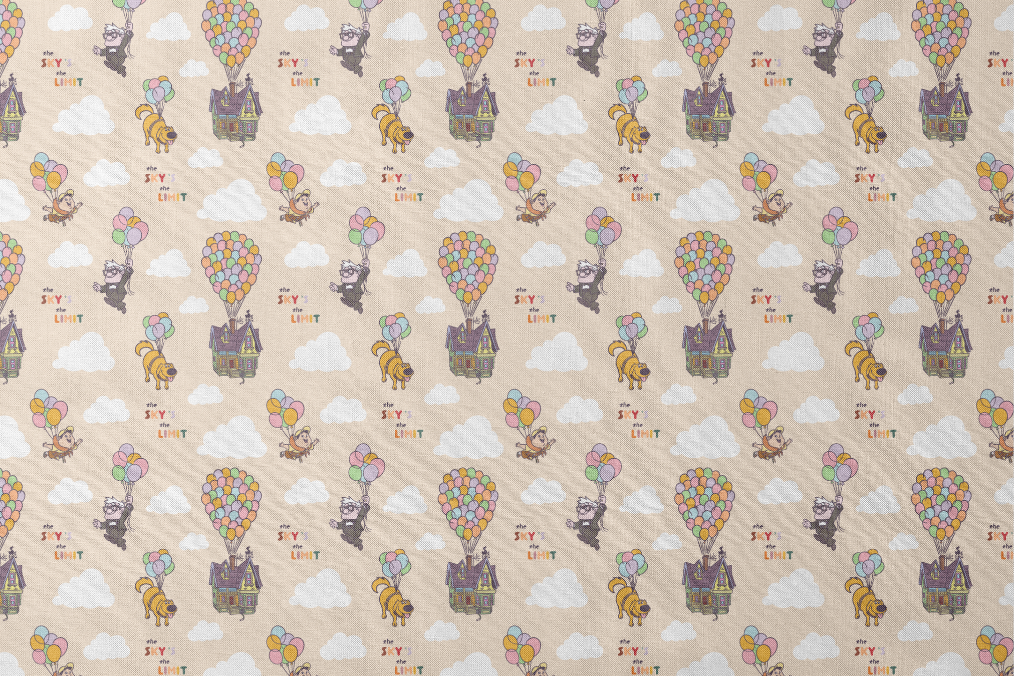 Pixar Up's characters floating with colorful balloons against beige sky with "sky's the limit" text designs flat mockup
