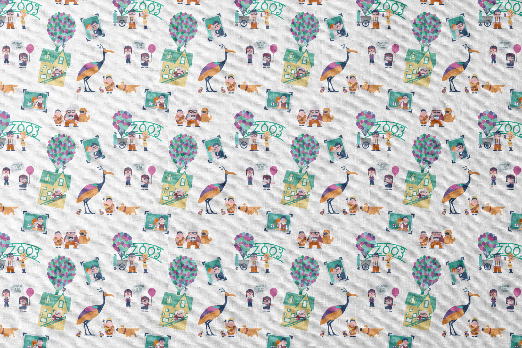 Colorful illustrated Up-inspired zoo pattern with cartoon characters, houses with balloons, peacocks, and family portraits on white background. designs flat mockup