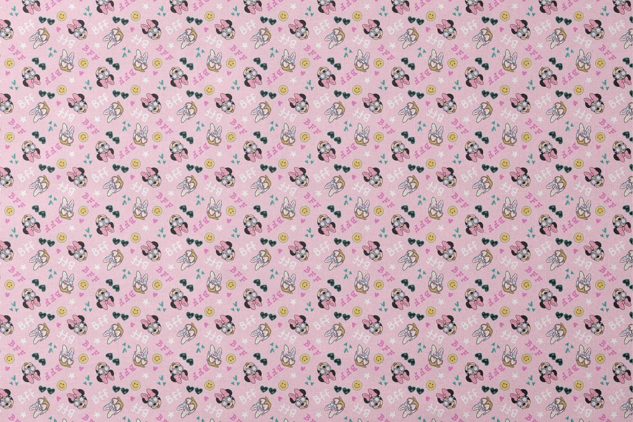 Pink background with Minnie Mouse pattern featuring bows, heart sunglasses, smiley faces, and "BFF" text in playful colors. designs flat mockup
