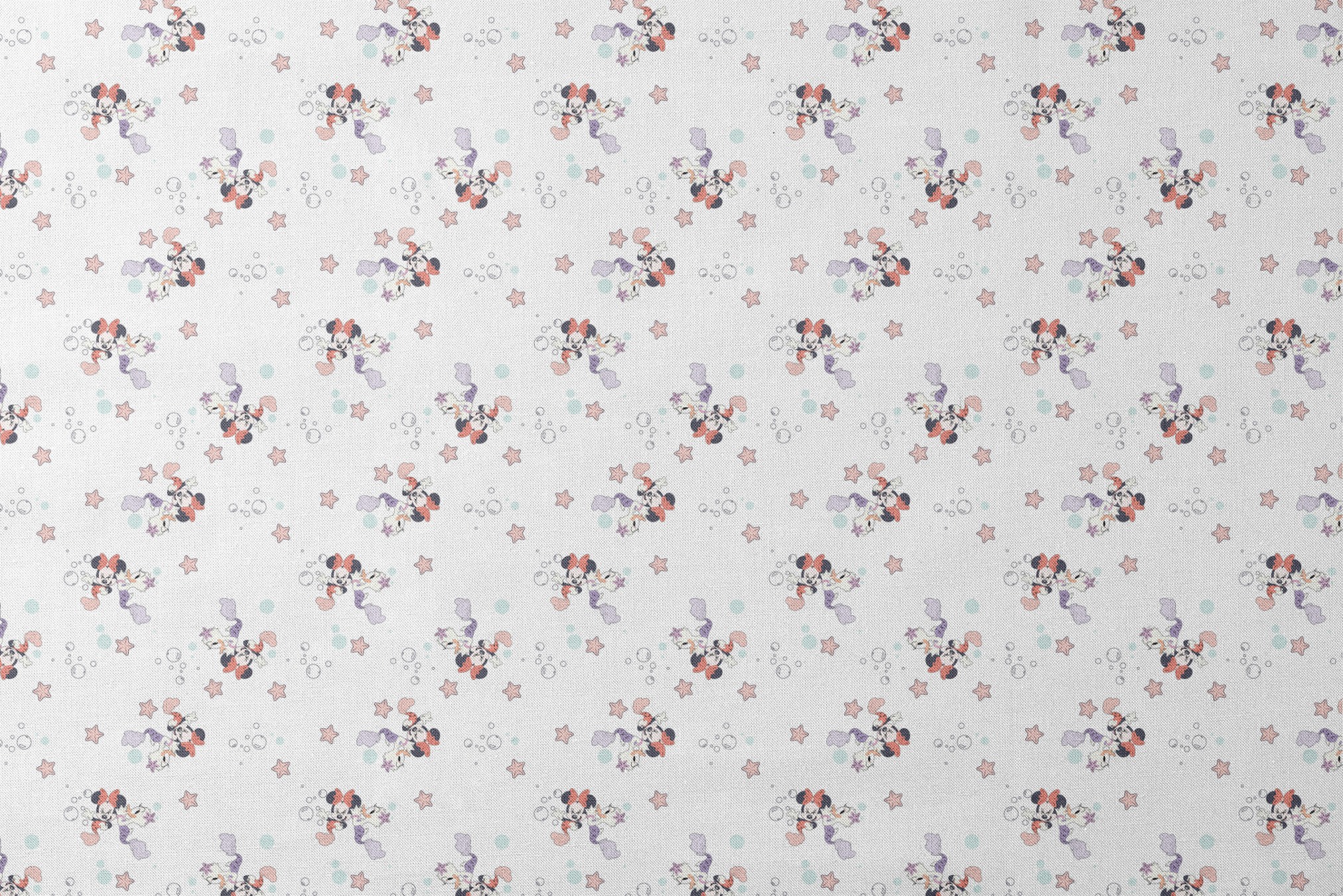 Minnie Mouse pattern with pastel stars and bubbles on white background, playful cartoon style designs flat mockup