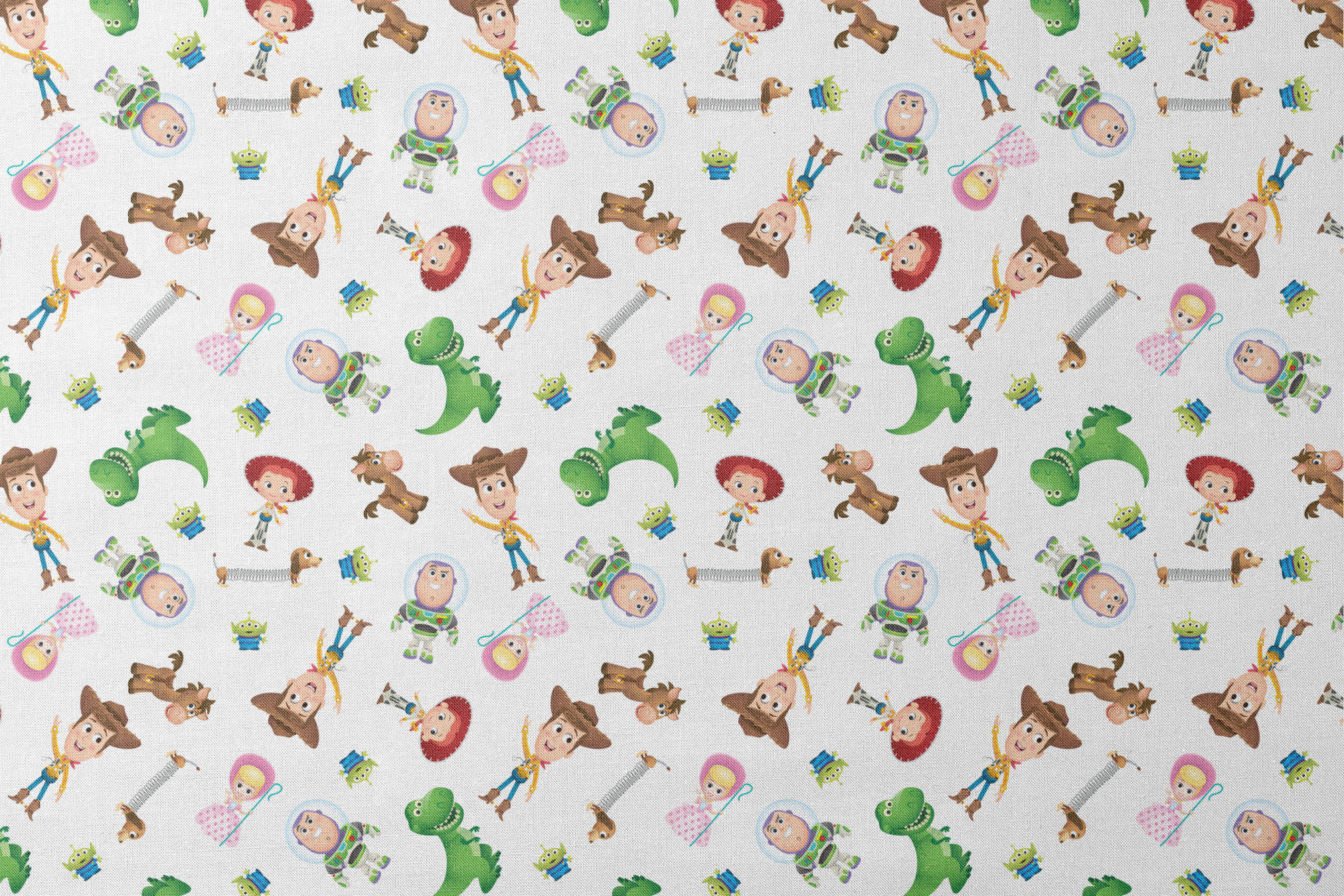 Toy Story character pattern with Woody, Buzz, Jessie, Rex, Slinky Dog and aliens on white background designs flat mockup