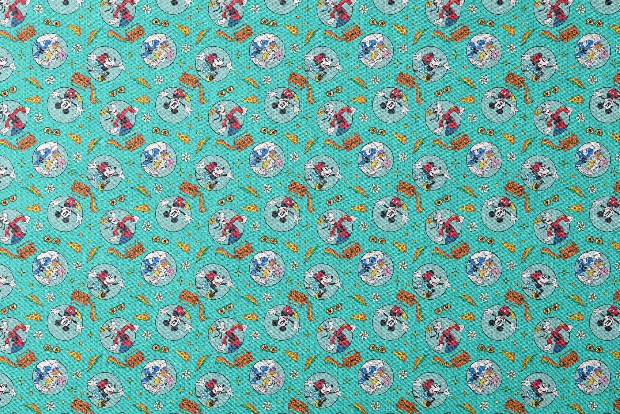 Colorful Mickey Mouse and friends pattern with pizza, boomboxes, sunglasses on teal background designs flat mockup