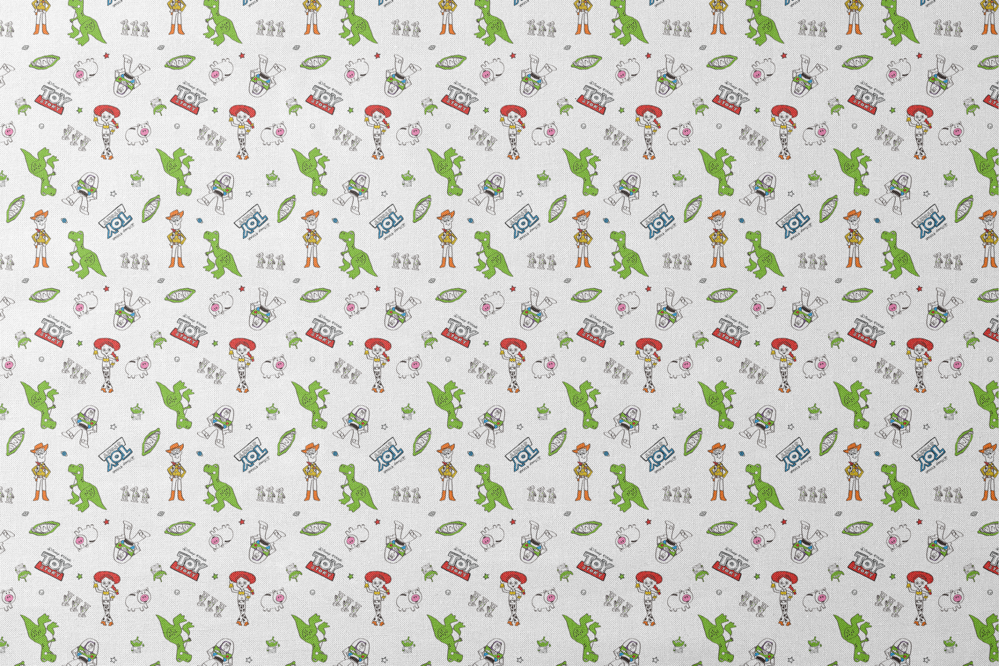 Toy Story pattern with Rex, Buzz, Woody, and alien characters scattered on white background designs flat mockup