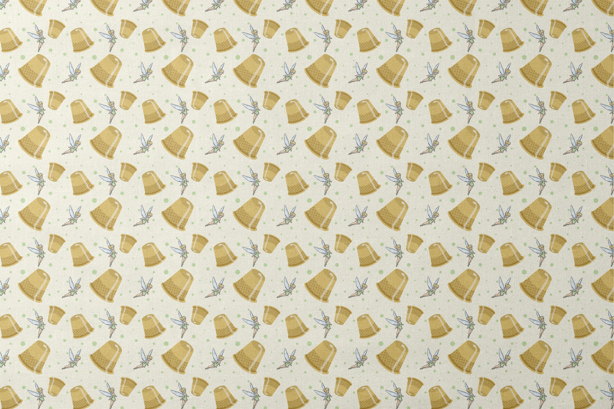 A pattern featuring Tinkerbell fairy with golden thimbles on a pale background with green dots. designs flat mockup