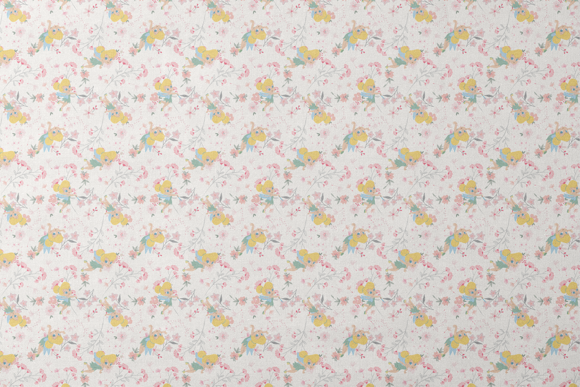 Whimsical pattern with Tinker Bell among pink flowers and green leaves on white background designs flat mockup