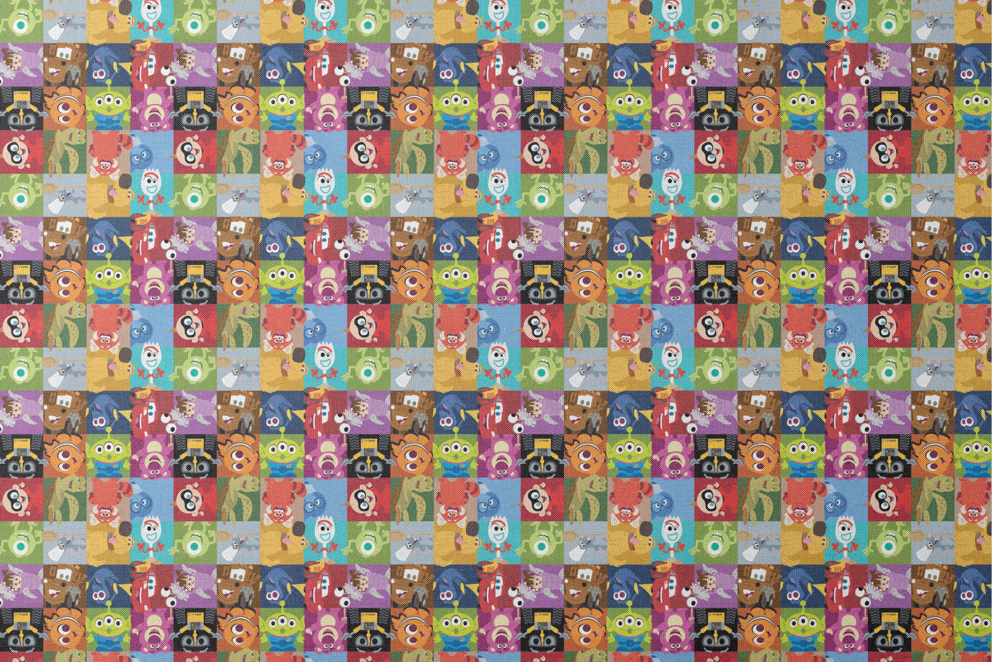 Grid of stylized Disney/Pixar characters including Mike Wazowski, Nemo, Wall-E, Lightning McQueen, Dory, and others in colorful squares designs flat mockup