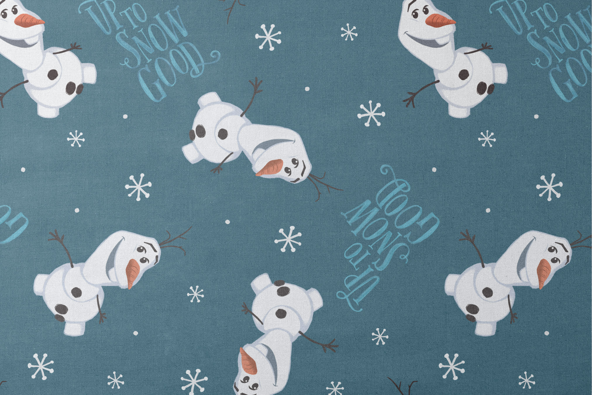 Playful Olaf  pattern with "Let It Snow" text on teal background with snowflakes designs flat mockup