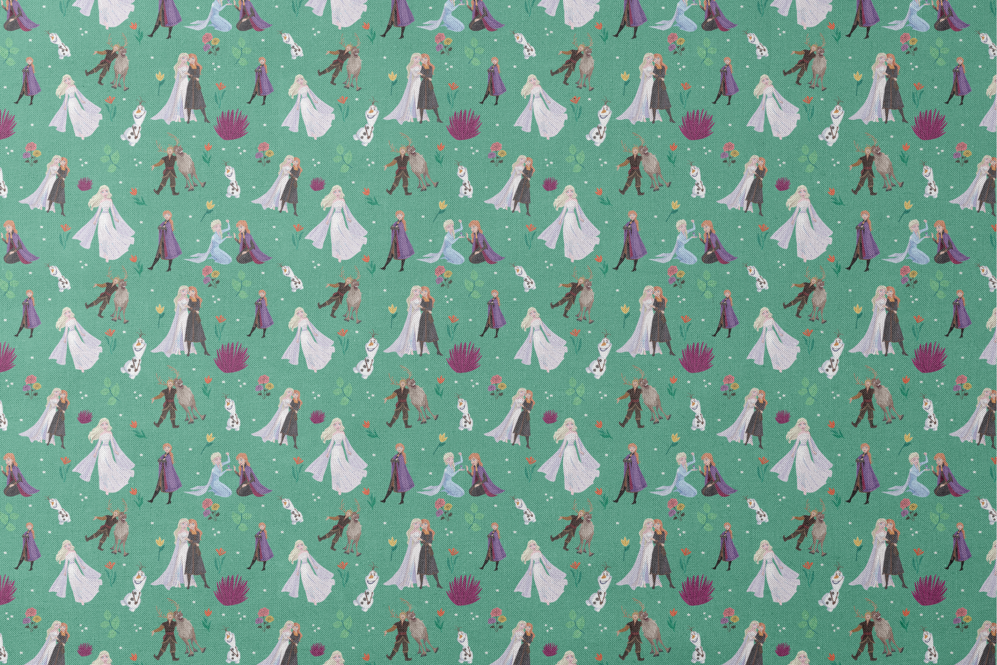 Pattern of animated characters from Frozen including Olaf the snowman, characters in formal attire, and colorful flowers on a green background. designs flat mockup