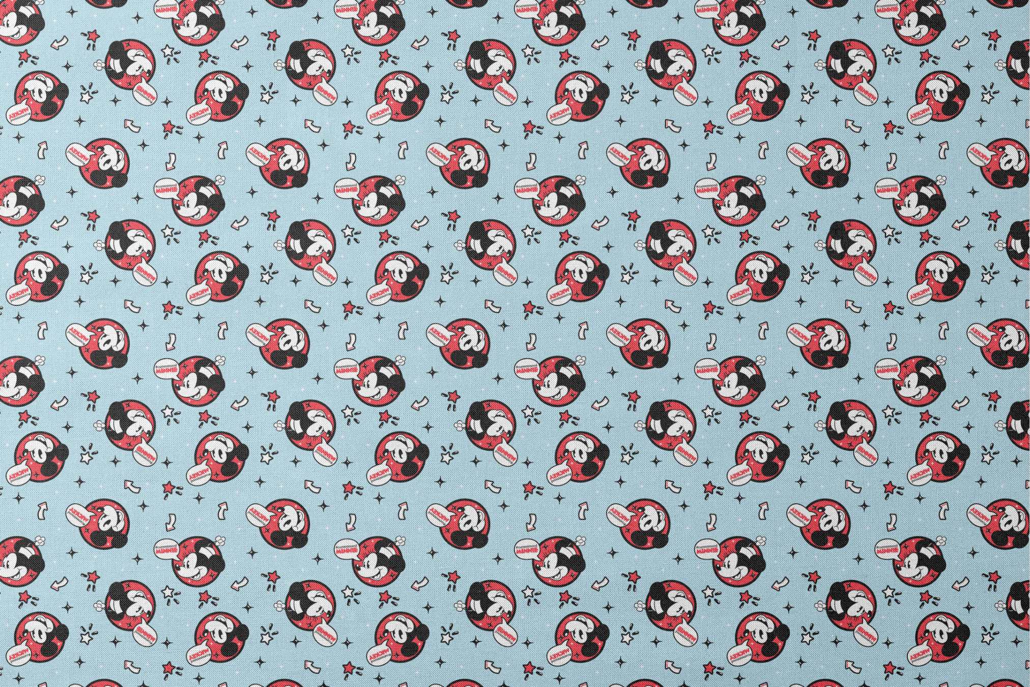 Disney Mickey Mouse pattern with red circular emblems on light blue background with stars and arrows designs flat mockup