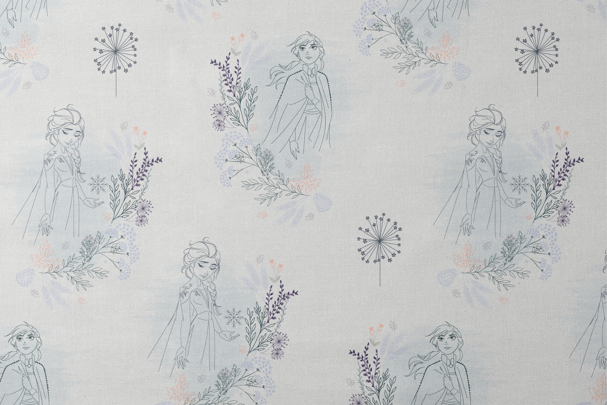 Delicate blue pattern featuring Frozen's Elsa and Anna surrounded by floral elements and dandelions on a light background designs flat mockup
