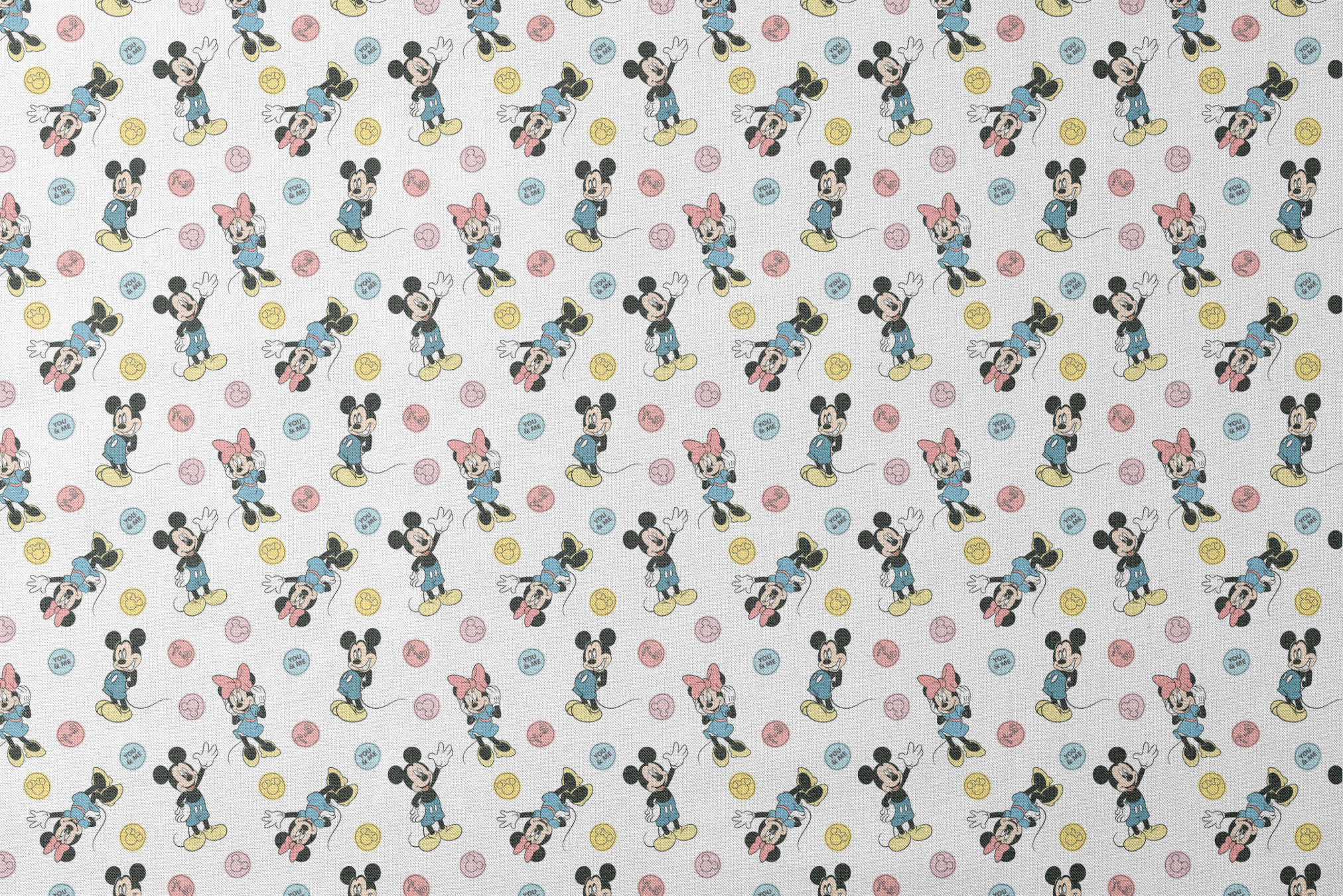 Mickey Mouse and Minnie Mouse cartoon pattern with colorful circles containing phrases on white background. designs flat mockup