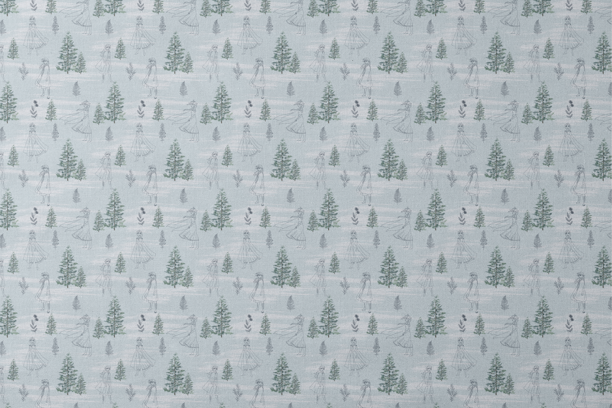 Pale blue pattern with delicate line drawings of pine trees, Elsa, and Anna across a wintry landscape designs flat mockup