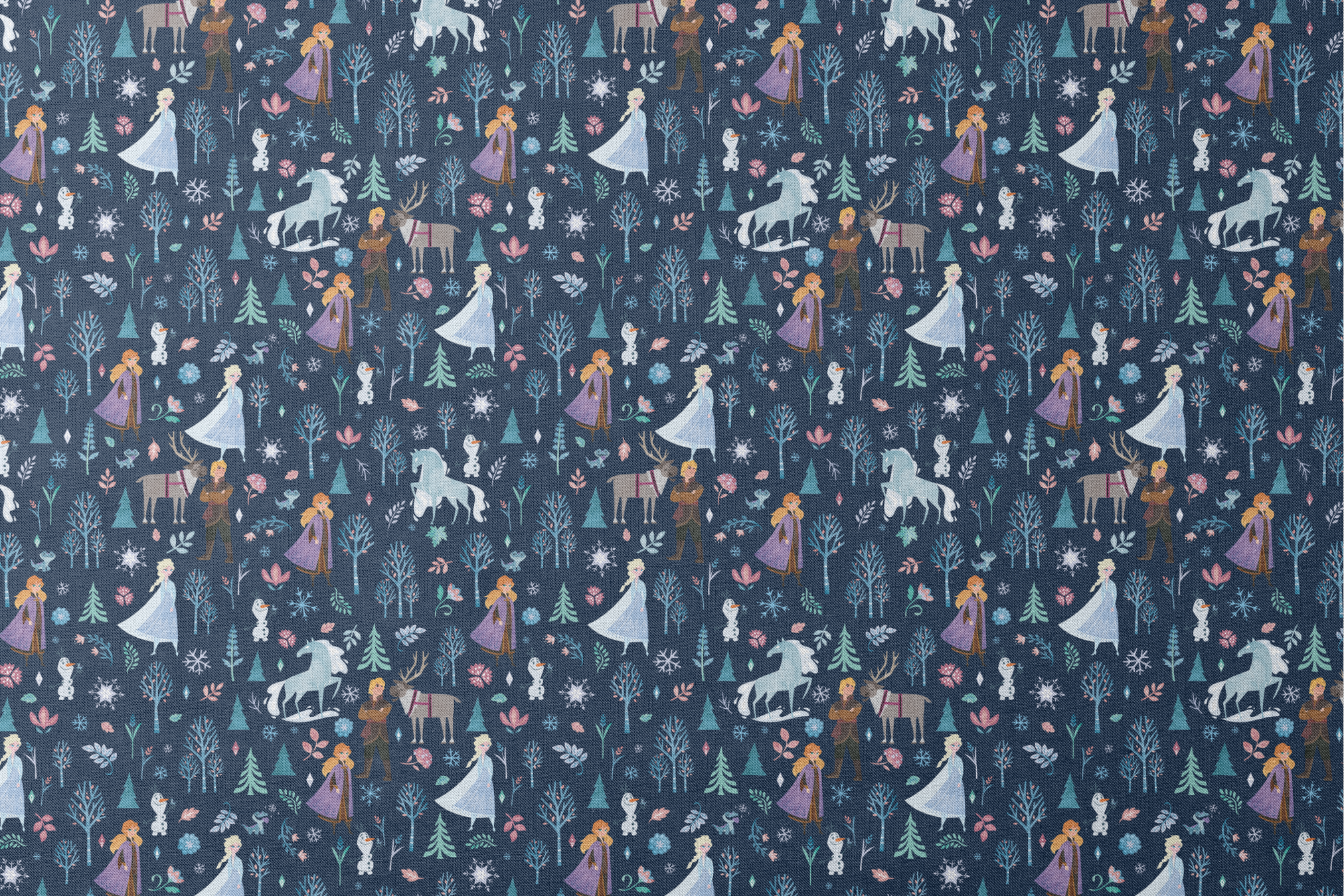 Illustrated Frozen pattern with Elsa, Anna, & friends, and floral elements on dark blue background designs flat mockup