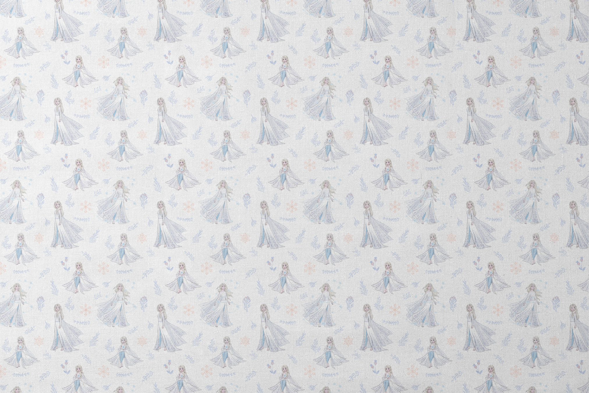 The image shows a decorative pattern featuringFrozen's Elsa, surrounded by delicate snowflakes, leaves, and floral elements in soft pastel colors on a light background. designs flat mockup