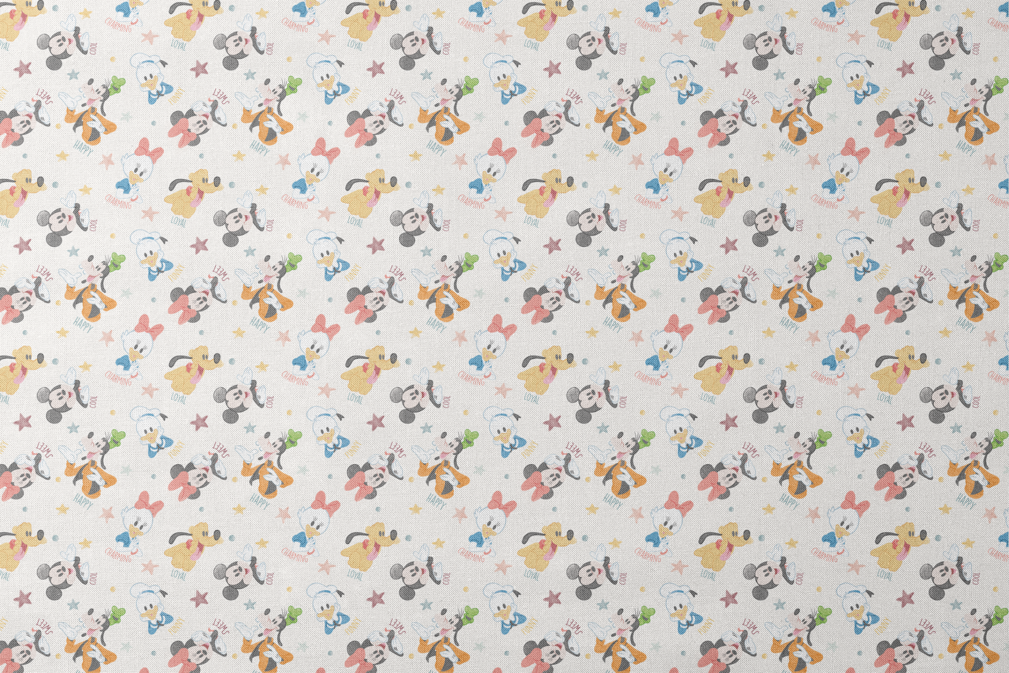 Colorful Disney character pattern with Mickey, Minnie, Donald, Pluto and stars on white background designs flat mockup