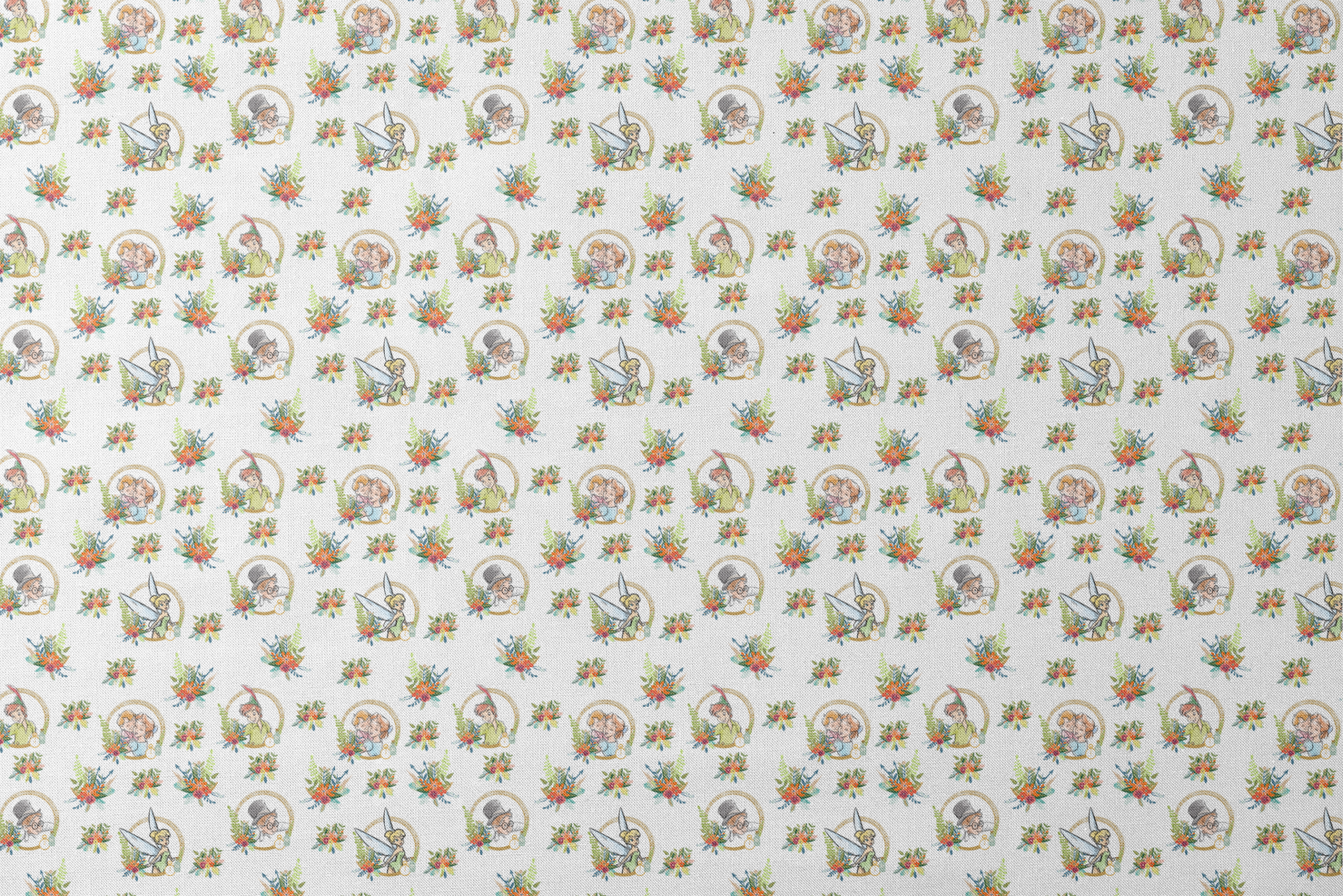 Illustrated pattern featuring cartoon characters in gold circles with colorful floral arrangements designs flat mockup