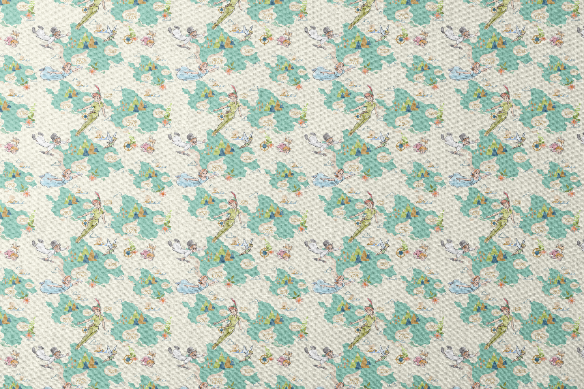 This is a whimsical Peter Pan themed pattern featuring characters flying through a turquoise sky with geometric mountains and text bubbles showing "Mermaid Cove" locations. designs flat mockup