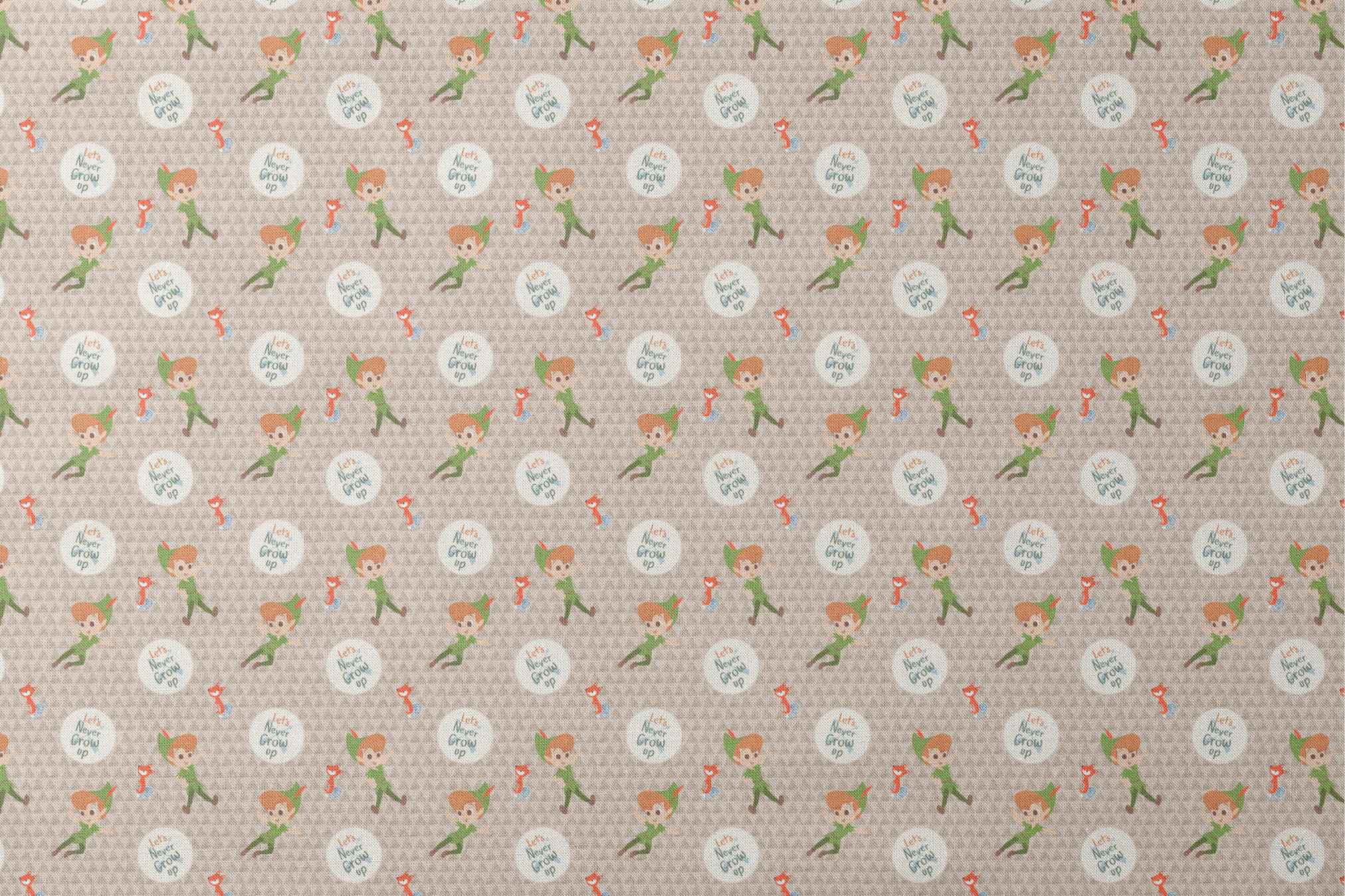 Cartoon pattern featuring Peter Pan character flying, orange foxes, and "Let's Never Grow Up" text on beige background designs flat mockup