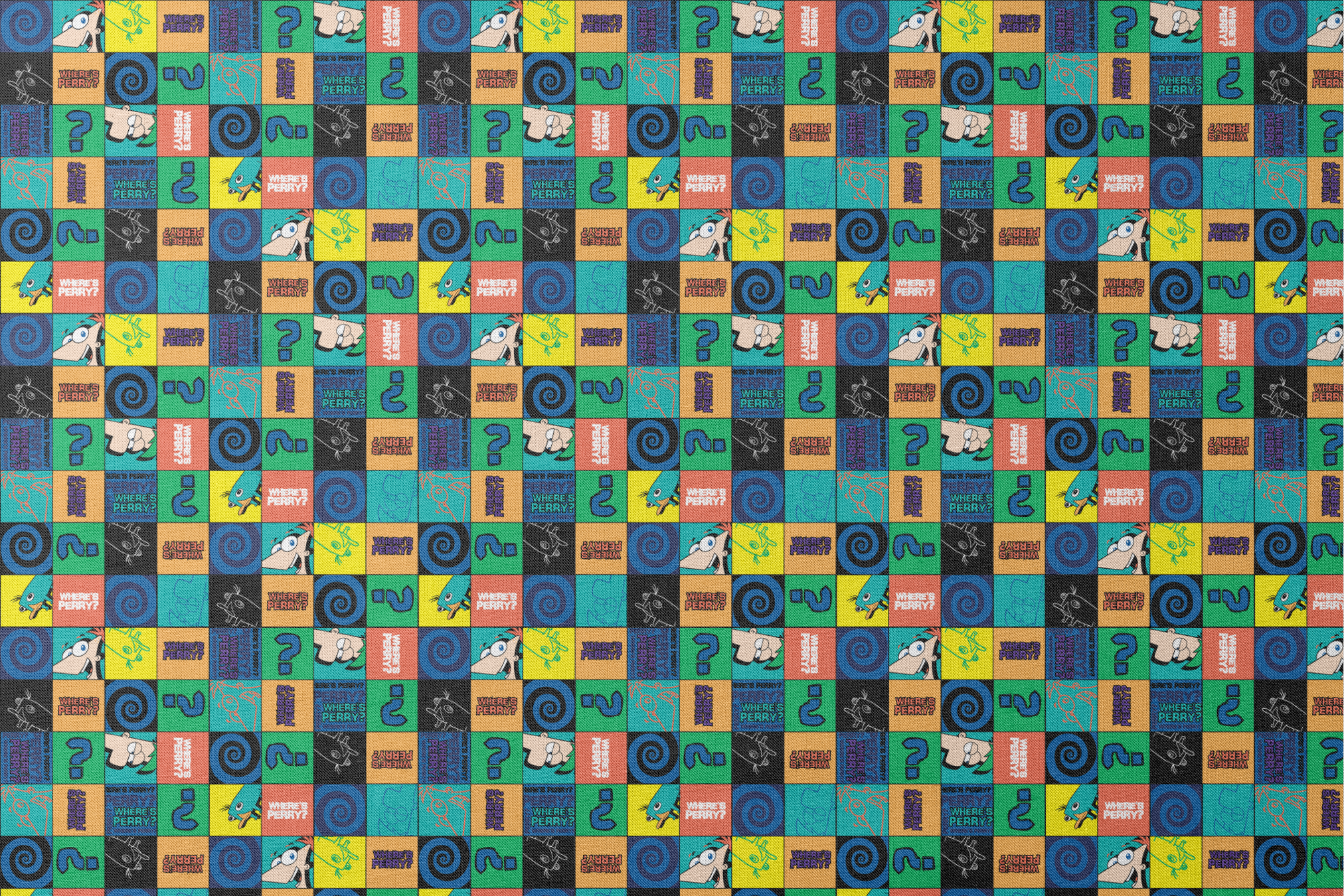 Colorful grid pattern with Phineas and Ferb cartoon characters, logos, question marks, and spirals in blue, green, and orange squares. designs flat mockup