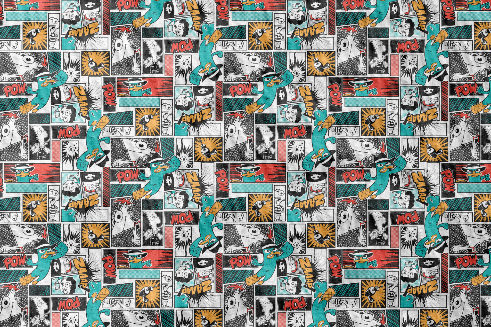 Comic book style pattern with colorful panels featuring sound effects like POW, BANG, and WHAM on red, blue, and black backgrounds designs flat mockup