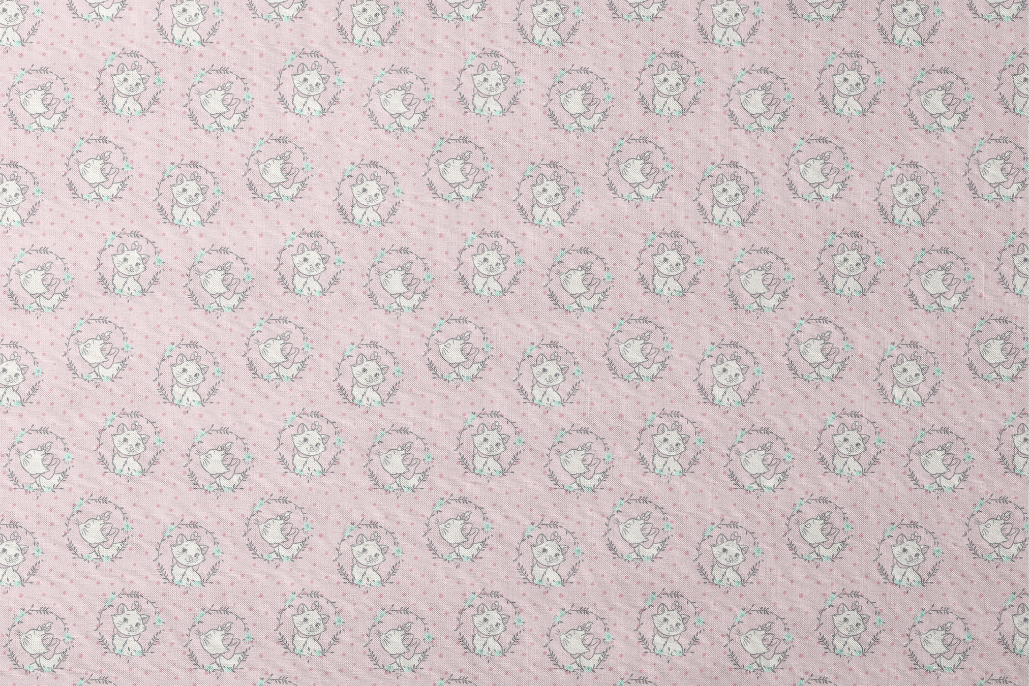 White cartoon cats in floral wreaths on pink polka dot background, seamless pattern designs flat mockup