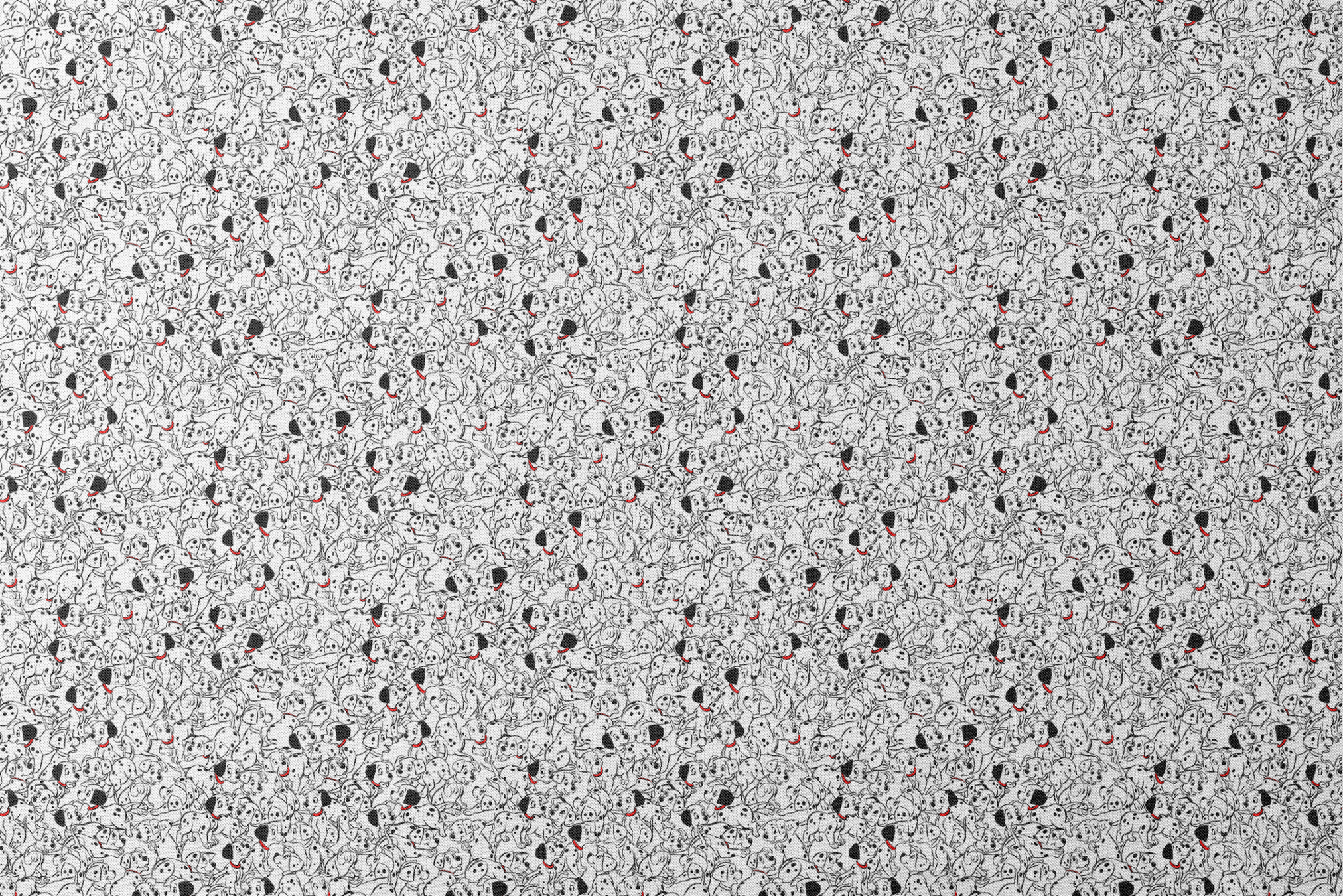 A densely packed pattern of Dalmatian puppies with black spots and red collars, creating a whimsical black and white illustration. designs flat mockup
