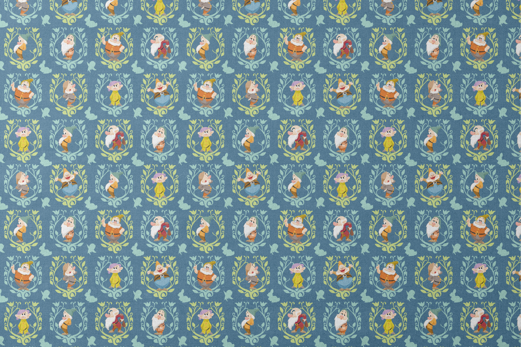 Pattern of cartoon birds in decorative oval frames on blue background with leaf motifs designs flat mockup