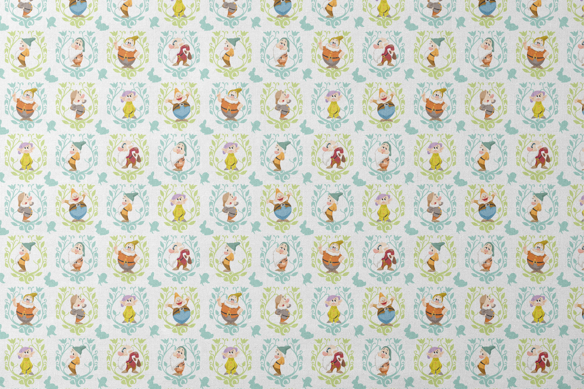 Cartoon pattern of Snow White's seven dwarfs in decorative floral frames on light background designs flat mockup