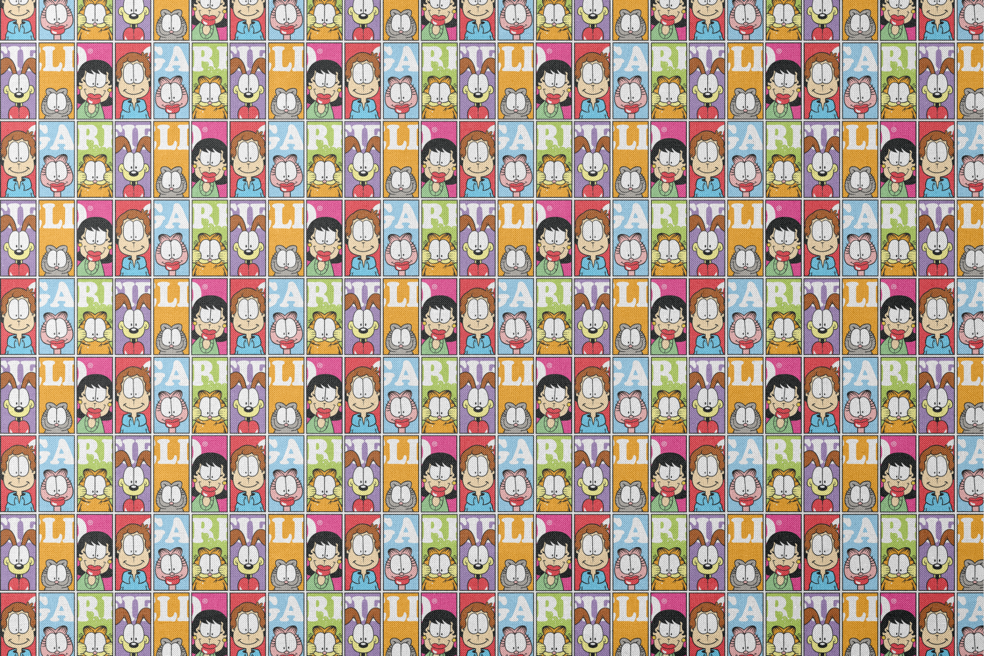 Colorful comic grid pattern with Garfield characters and letters arranged in repeating squares designs flat mockup