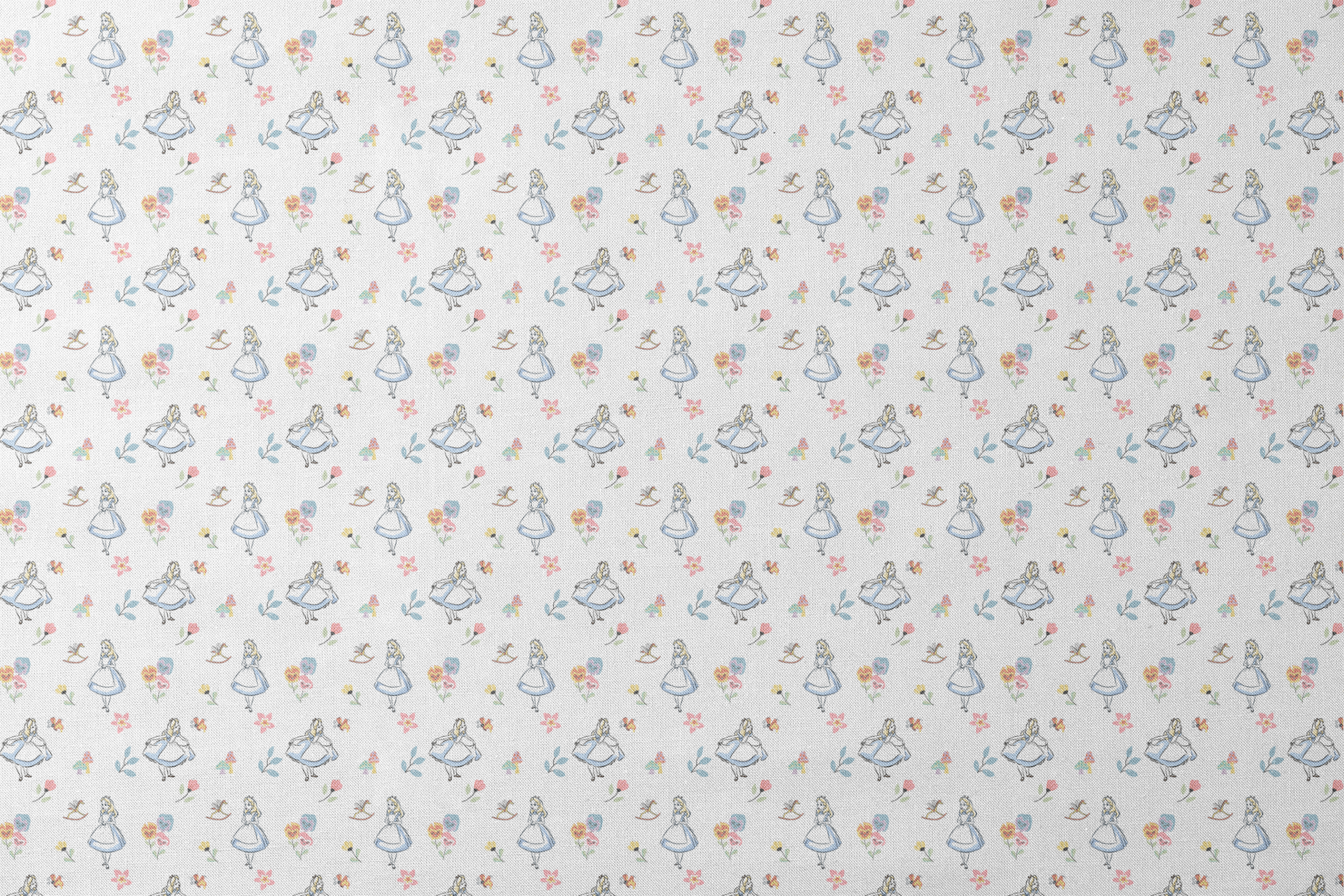 Whimsical pattern featuring character in blue dress with flowers, mushrooms, and rocking horse designs flat mockup