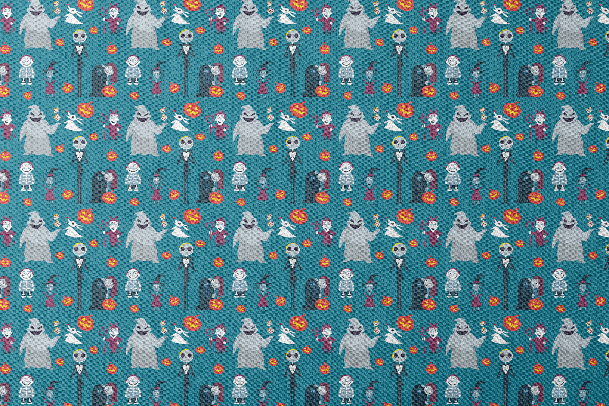 Halloween characters pattern with ghost, skeleton, witch, and pumpkins on teal background in cartoon style designs flat mockup