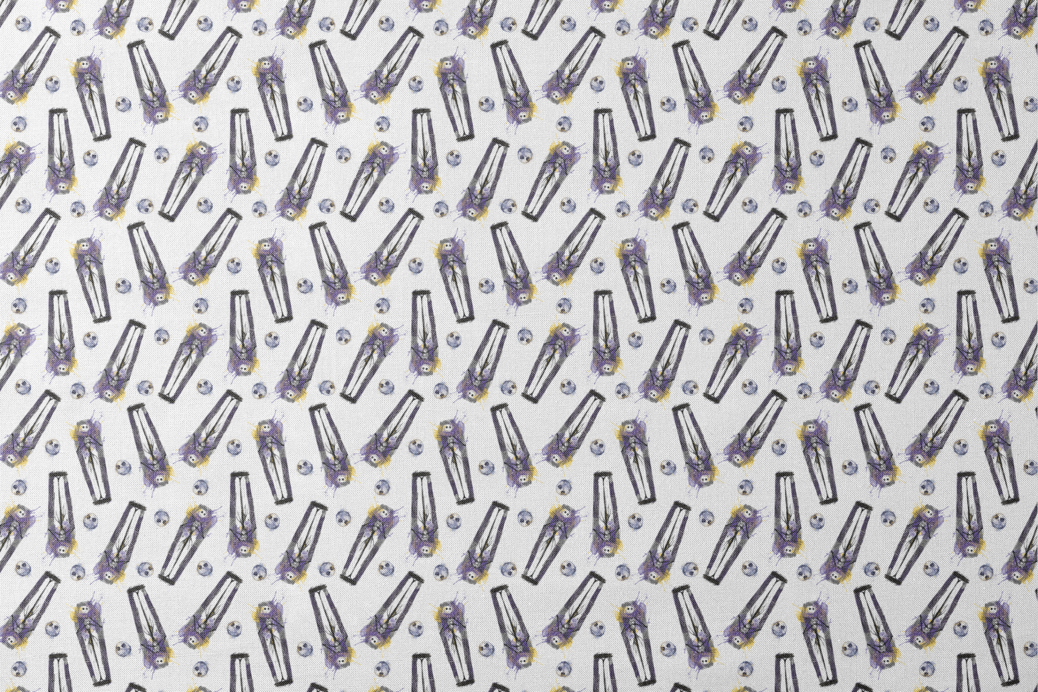 Repeating pattern of stylized gothic figures in black and purple with skull-like faces on white background designs flat mockup