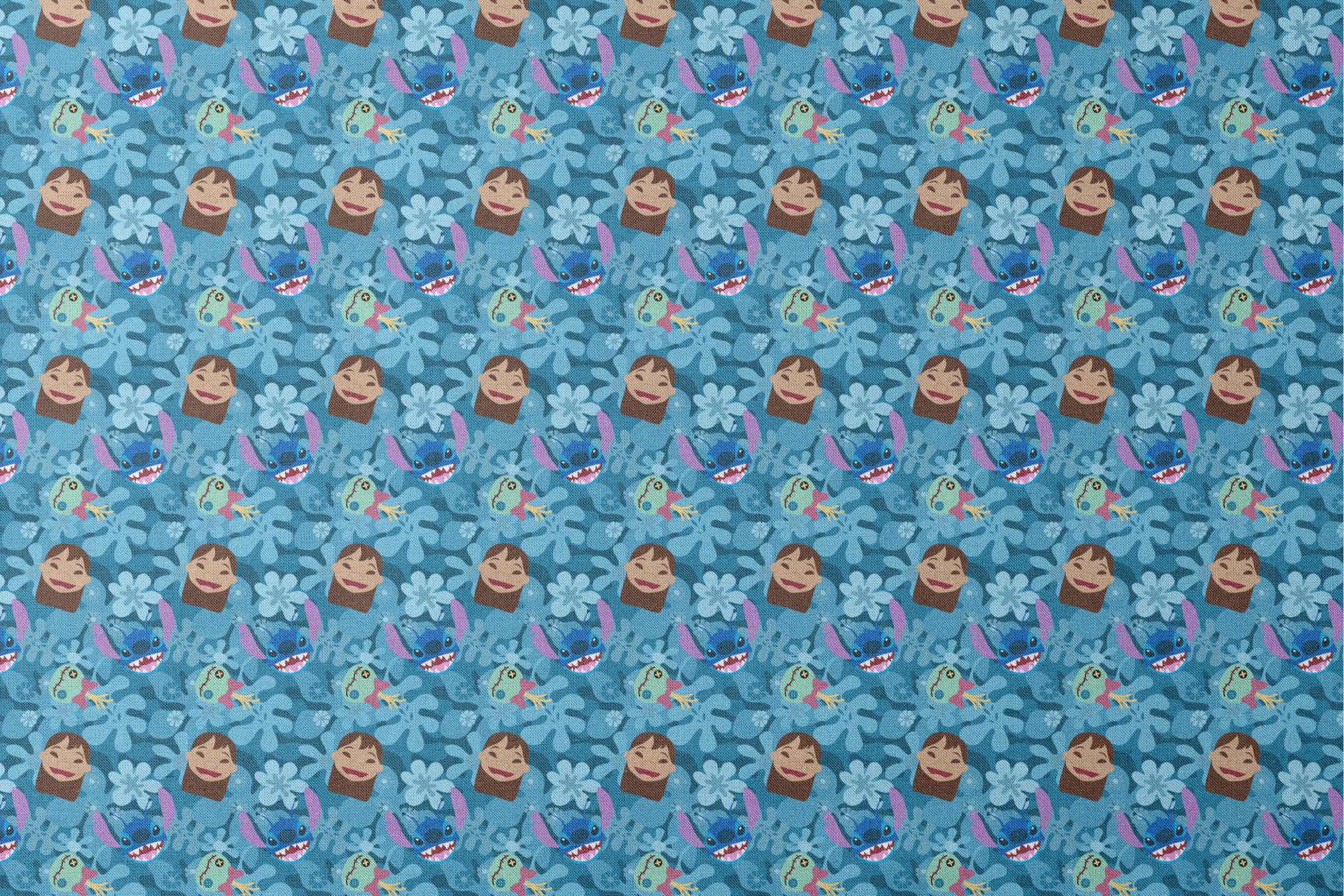 Disney's Stitch among floral elements and smiling faces on turquoise background designs flat mockup