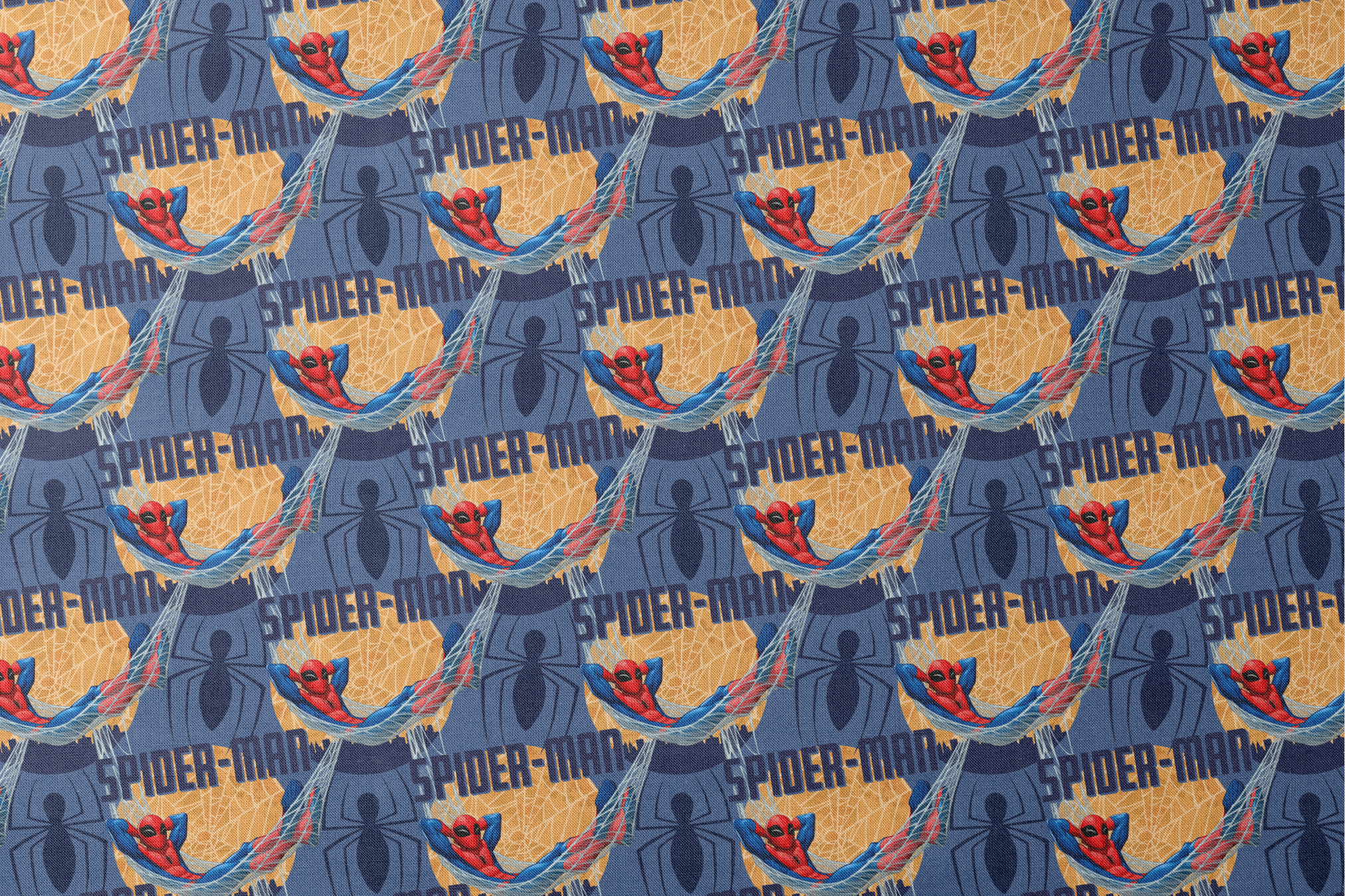 Spider-Man pattern with cartoon superhero in red and blue swinging on webbing against navy and gold background designs flat mockup