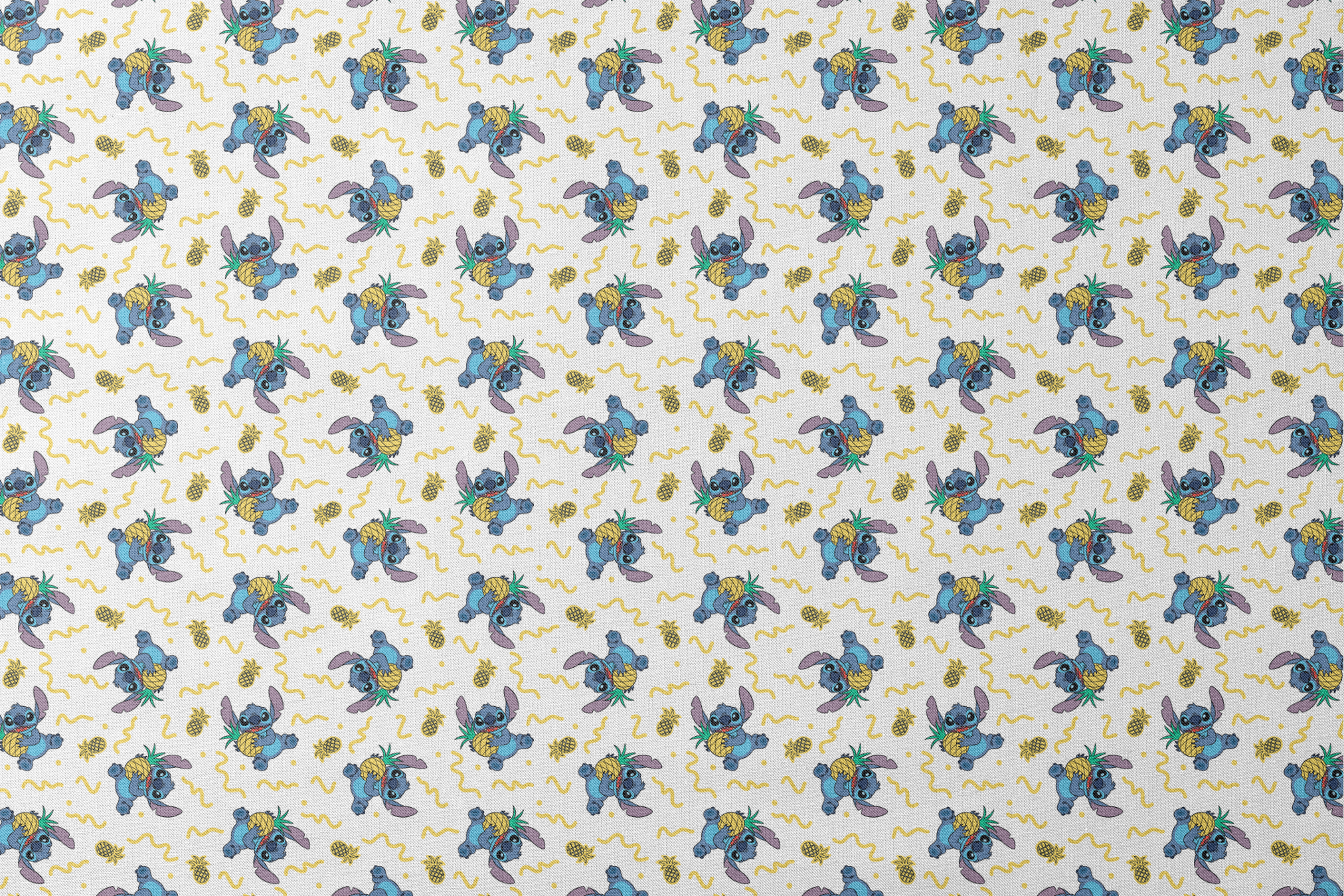 Disney's Stitch holding pineapples with yellow squiggly lines on white background pattern designs flat mockup