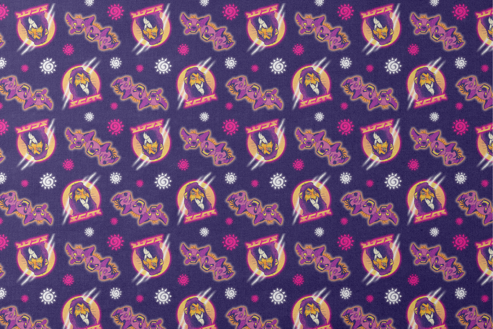 Lion and hyena characters pattern with suns on purple background, Disney's Lion King inspired design designs flat mockup