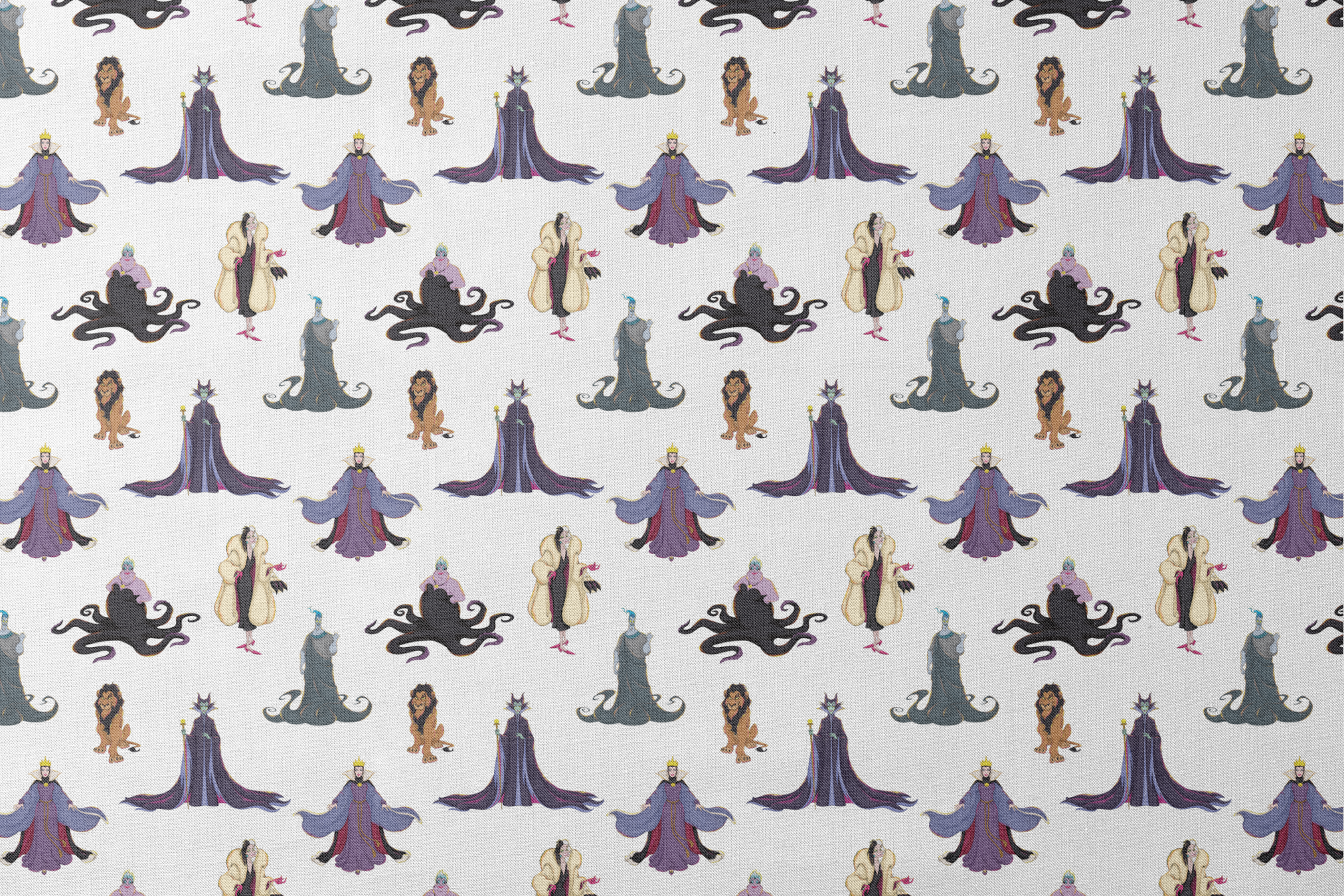 Disney villains pattern with Evil Queen, Scar, Maleficent, Ursula, and Cruella on white background designs flat mockup