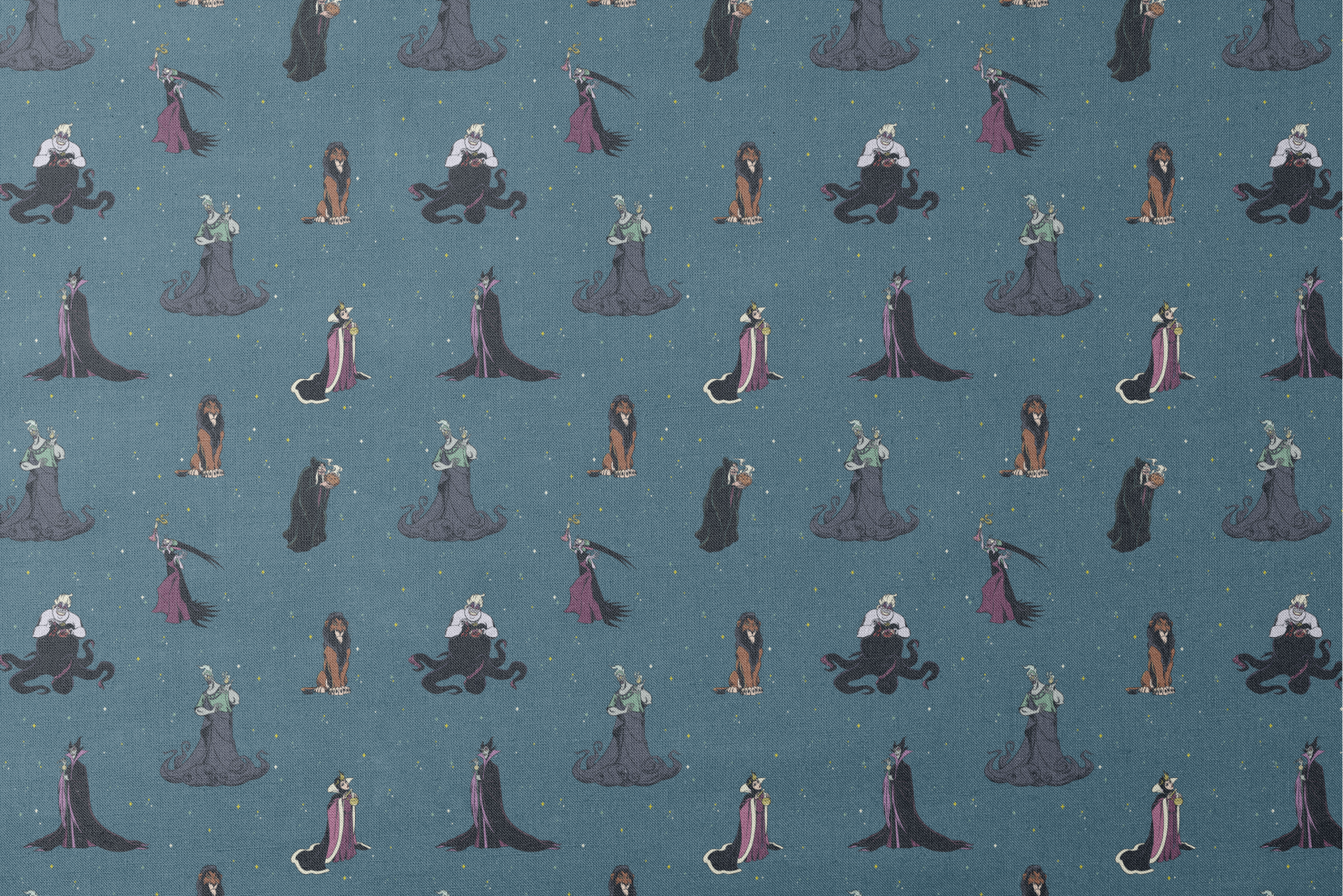 Disney villains pattern on teal background featuring Ursula, Maleficent, Cruella, and Scar in various poses designs flat mockup