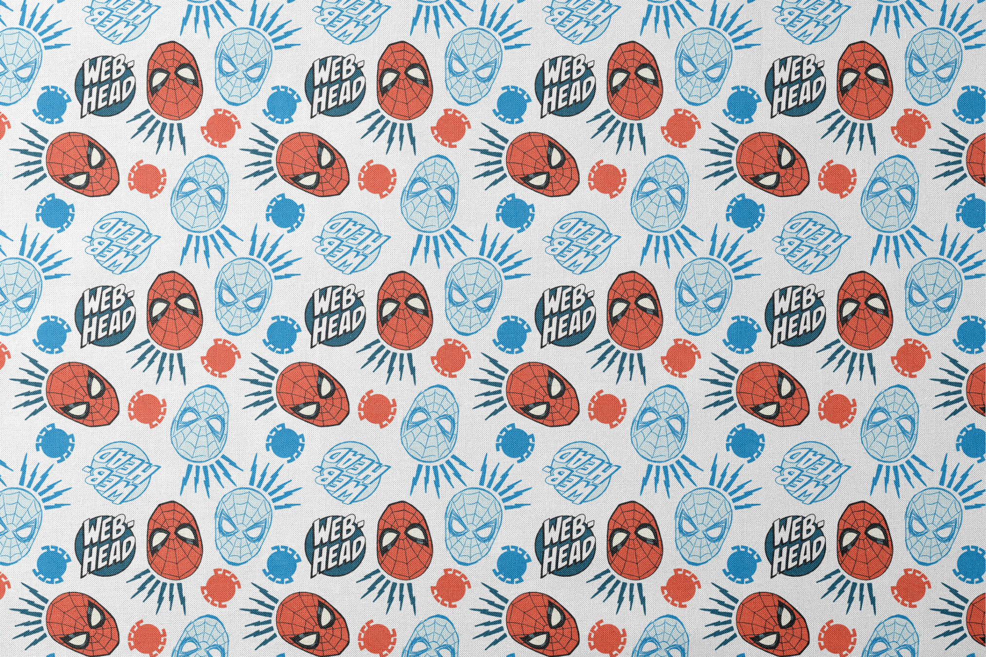 Spider-Man masks pattern with blue and red heads, "WEB HEAD" text, and radiating lines on white background. designs flat mockup