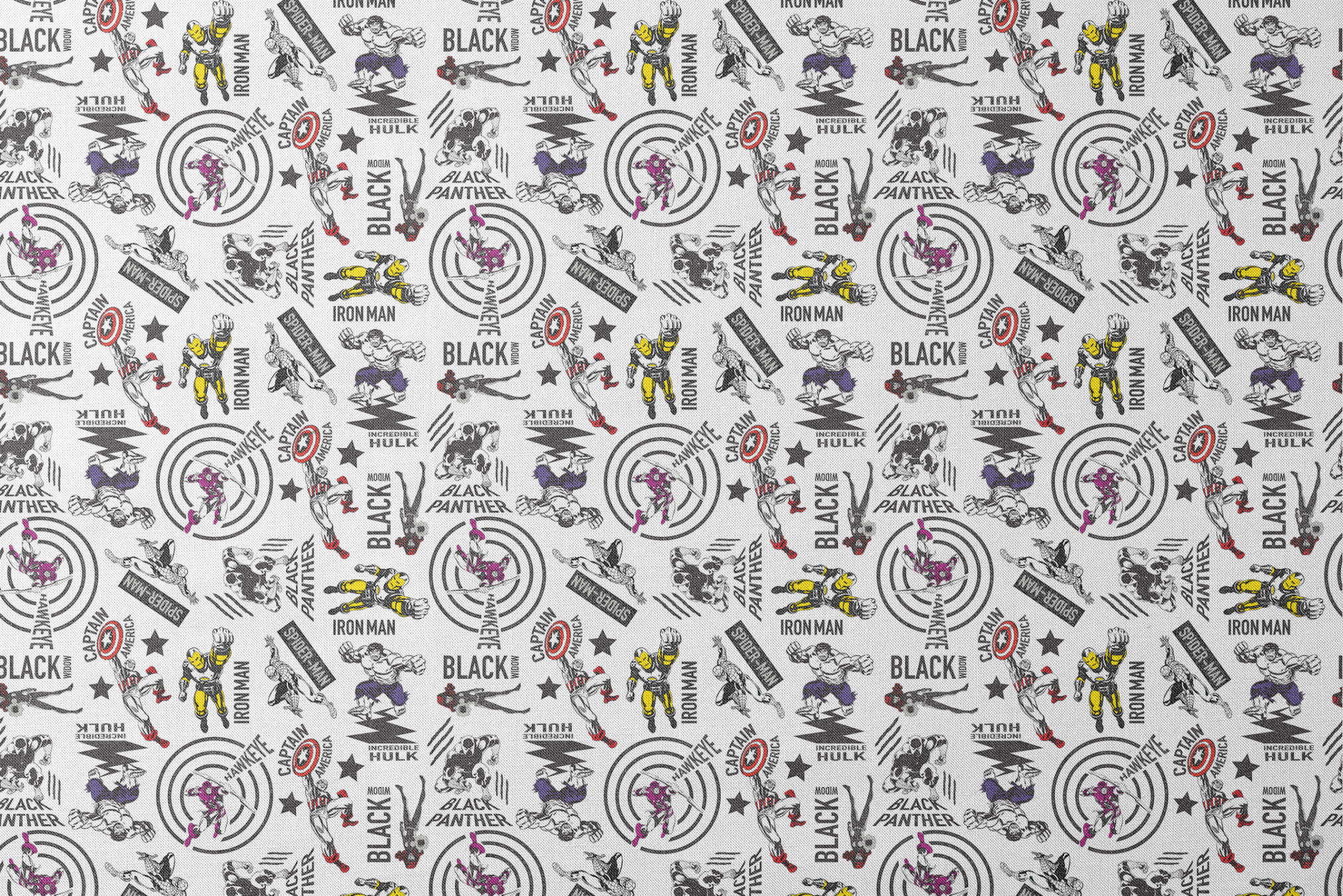 Marvel superheroes pattern with Iron Man, Captain America, Hulk, and Black Panther on white background designs flat mockup