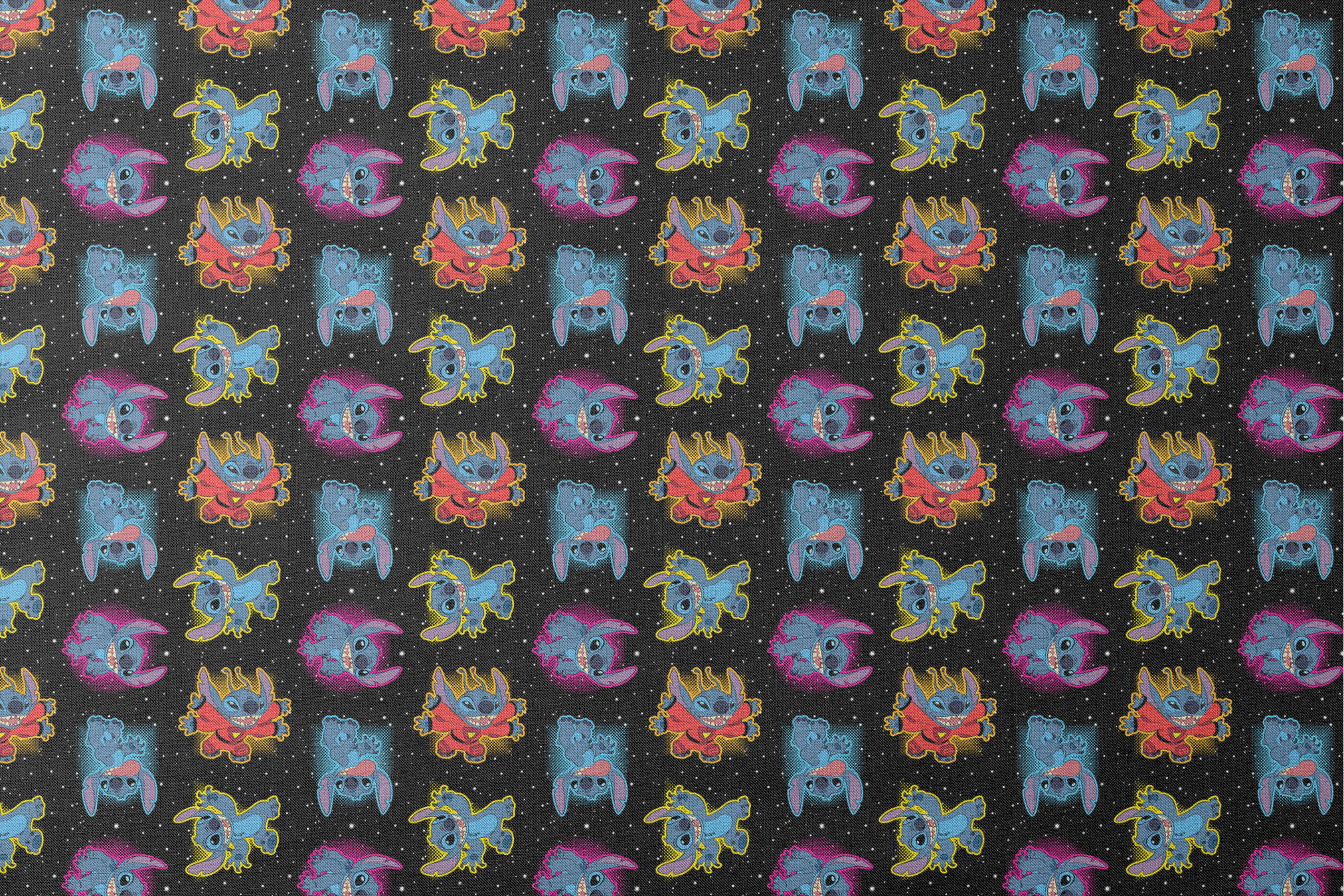 Colorful Stitch with pink accents on black starry background pattern designs flat mockup