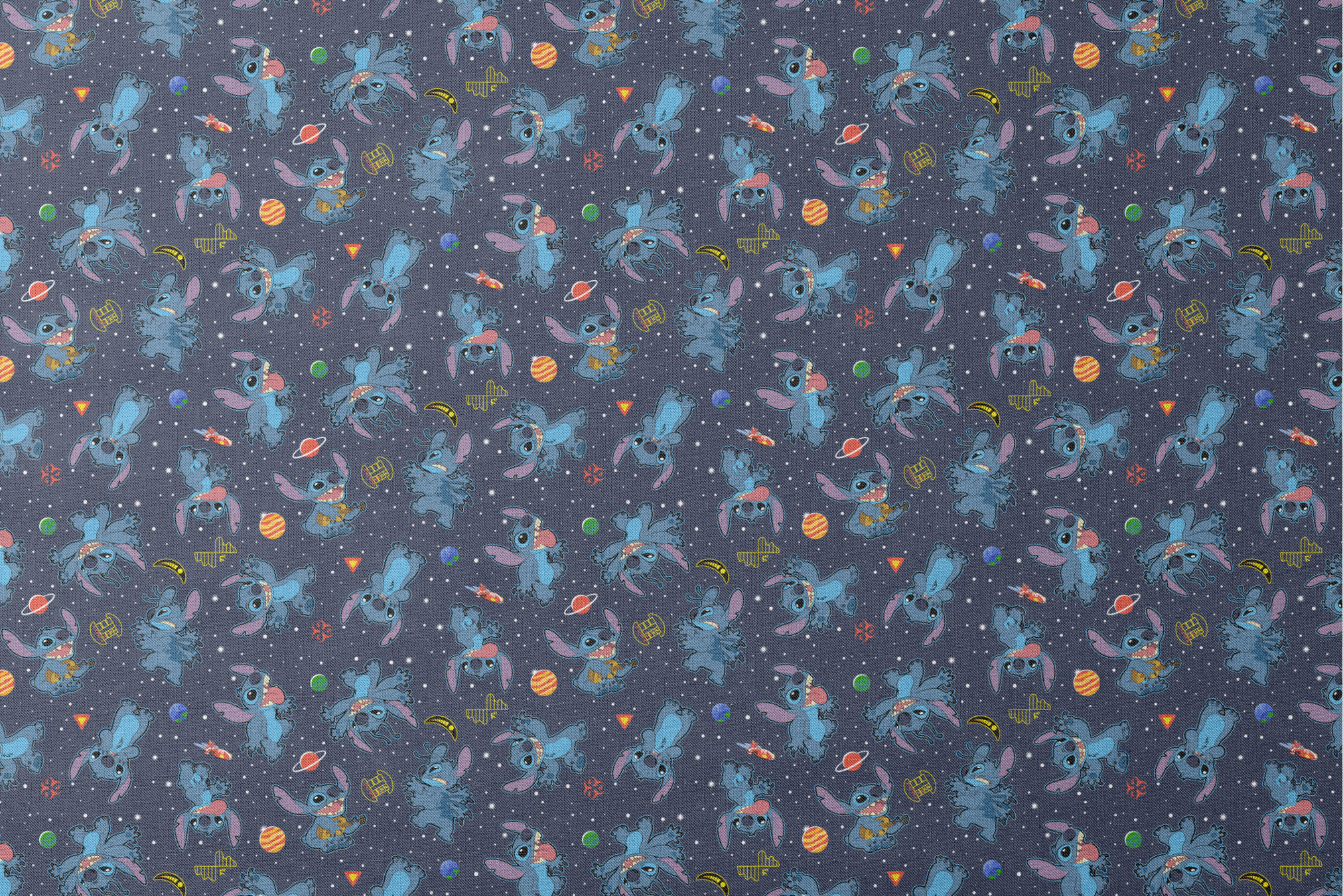 Disney's Stitch floating in space with planets, stars, and spaceships on dark background pattern designs flat mockup