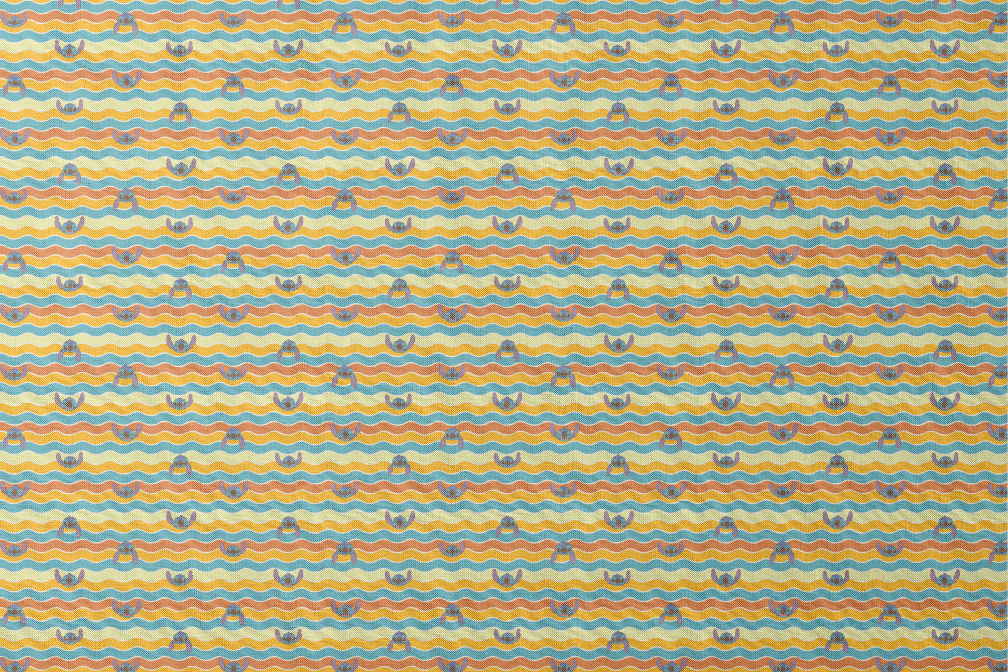 Colorful wavy striped pattern with Stitch peeking between orange, yellow, and teal waves designs flat mockup