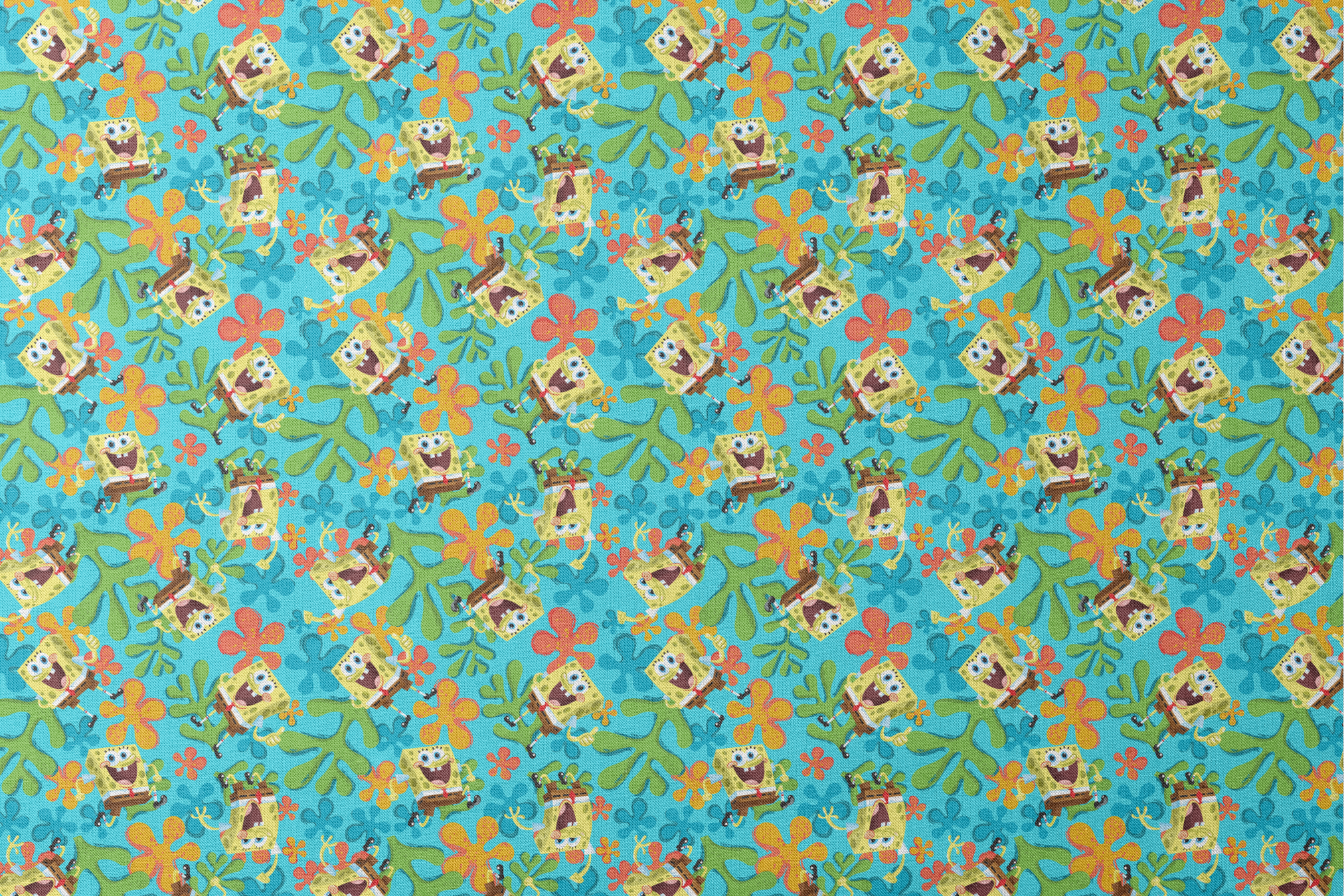 SpongeBob SquarePants pattern with colorful orange and blue flowers on turquoise background designs flat mockup
