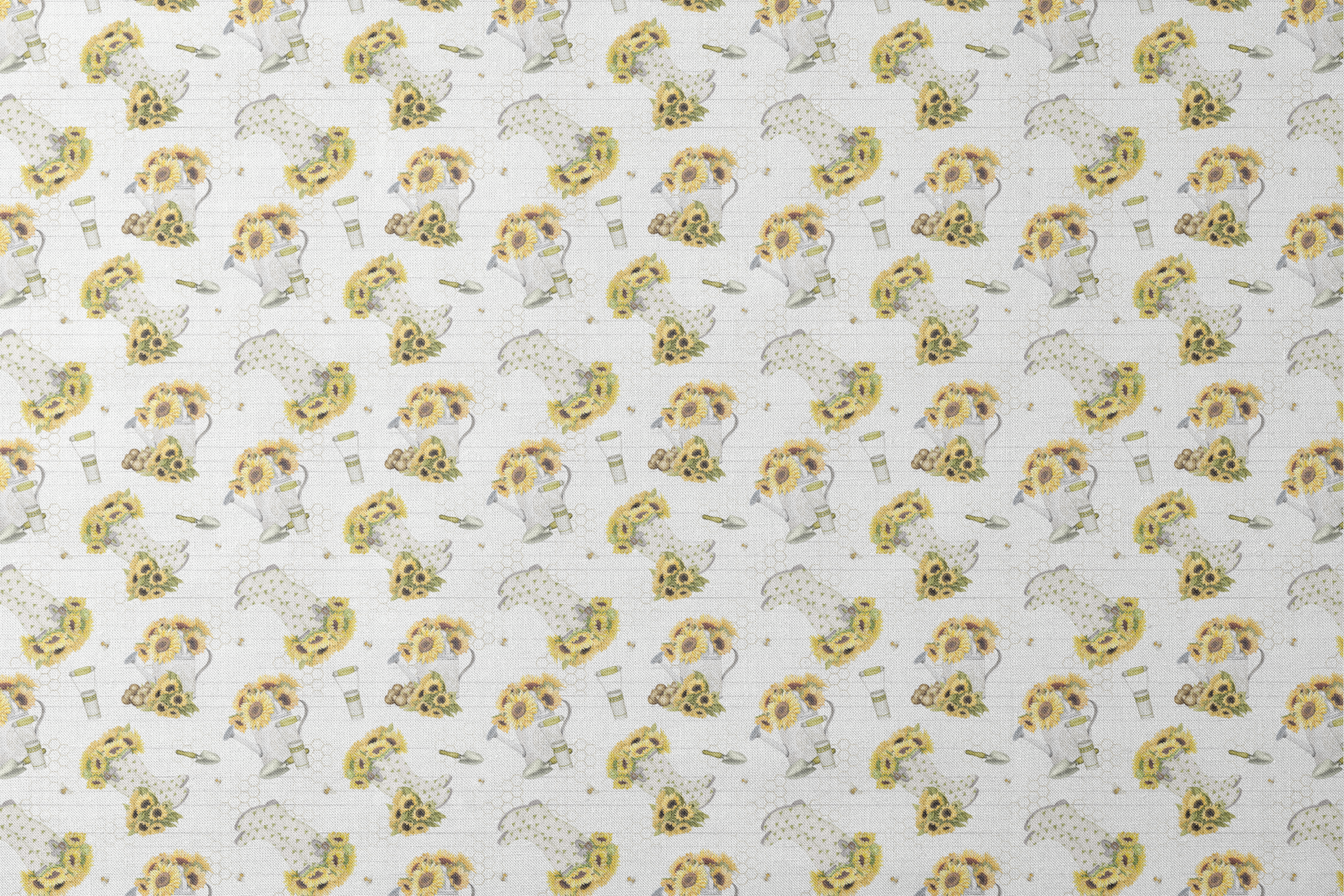 Sunflower-filled watering cans with bees, trowels, and garden tools on a white shiplap and honeycomb background. Designed by Nicole Tamarin. designs flat mockup