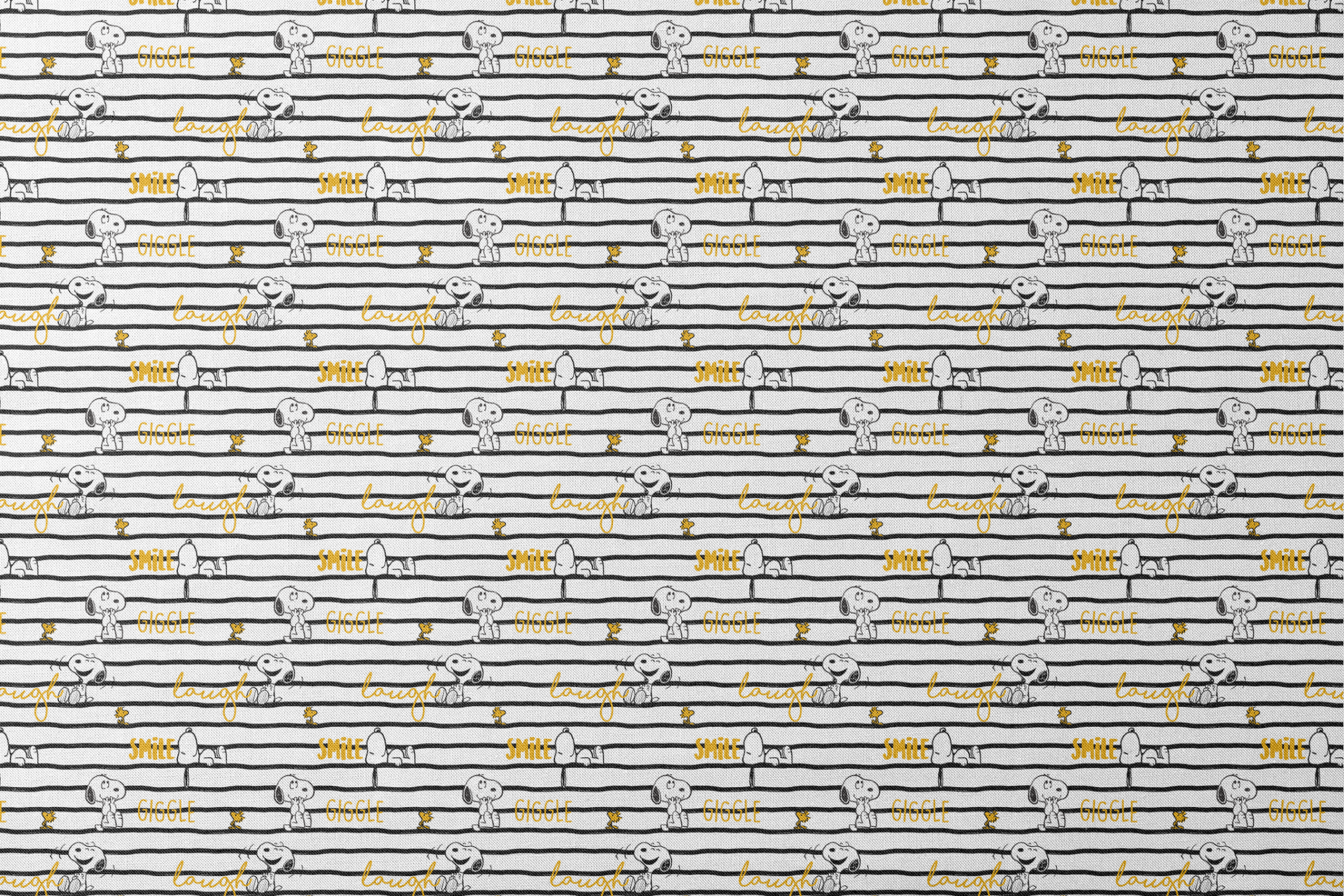 Black and white striped pattern with Snoopy and Woodstock, yellow text saying "giggle," "laugh," "smile designs flat mockup